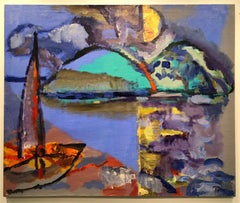 Barca a vela, pittura ad olio astratta e colorata su tela, barca a vela, cielo blu