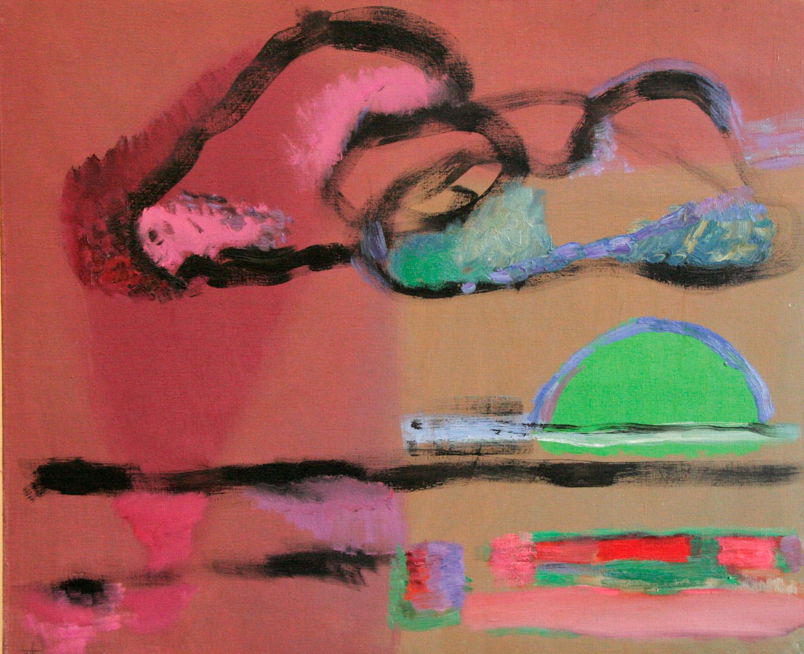 Sunset in Tel Aviv, Expressionist Oil on Linen, Rose and Green, Bold Colours