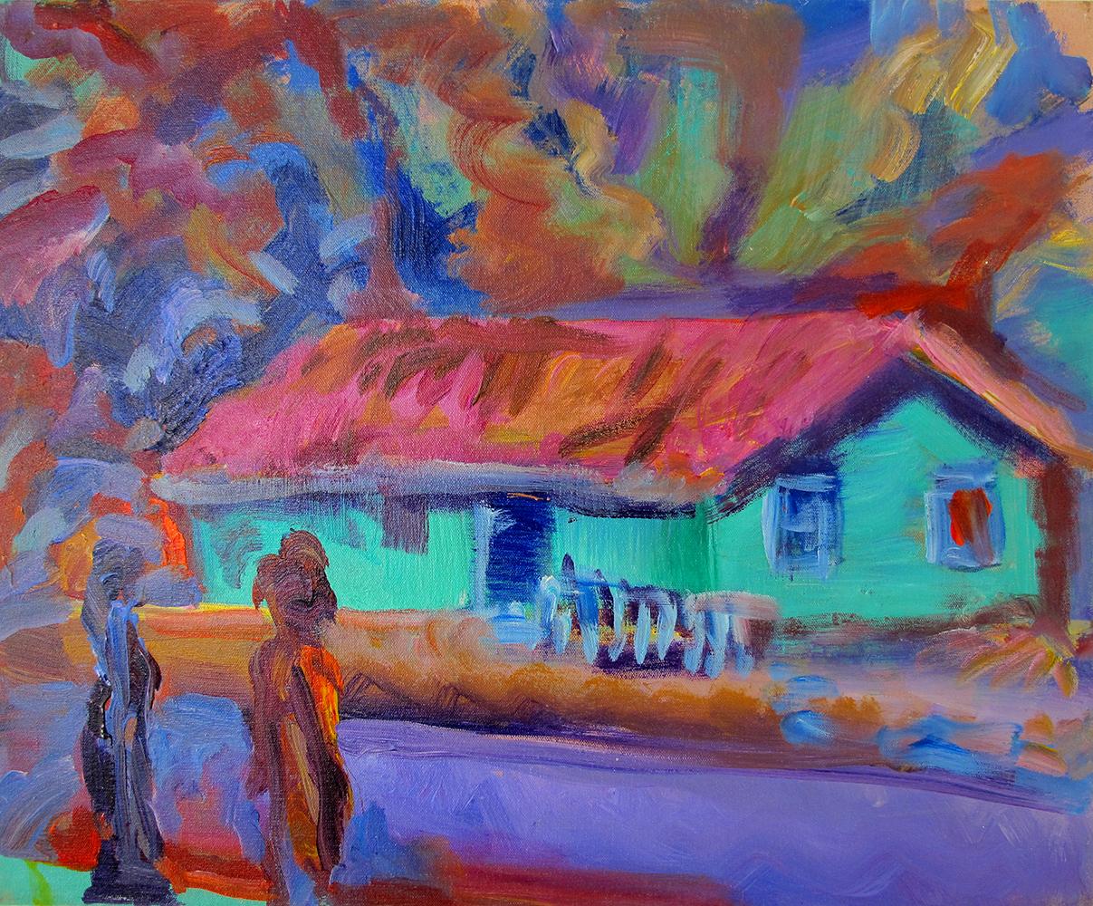 Toni Franovic Figurative Painting - The Green House - figurative oil on linen, rich bold colors, impressionist style