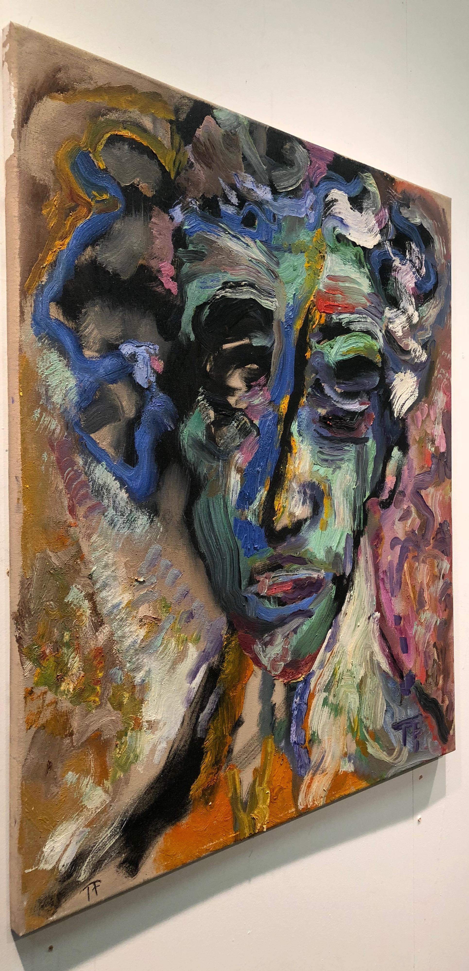 Der Kopf des Hauses, abstraktes figuratives Ölgemälde auf Leinen, reichhaltige, kräftige Farben – Painting von Toni Franovic