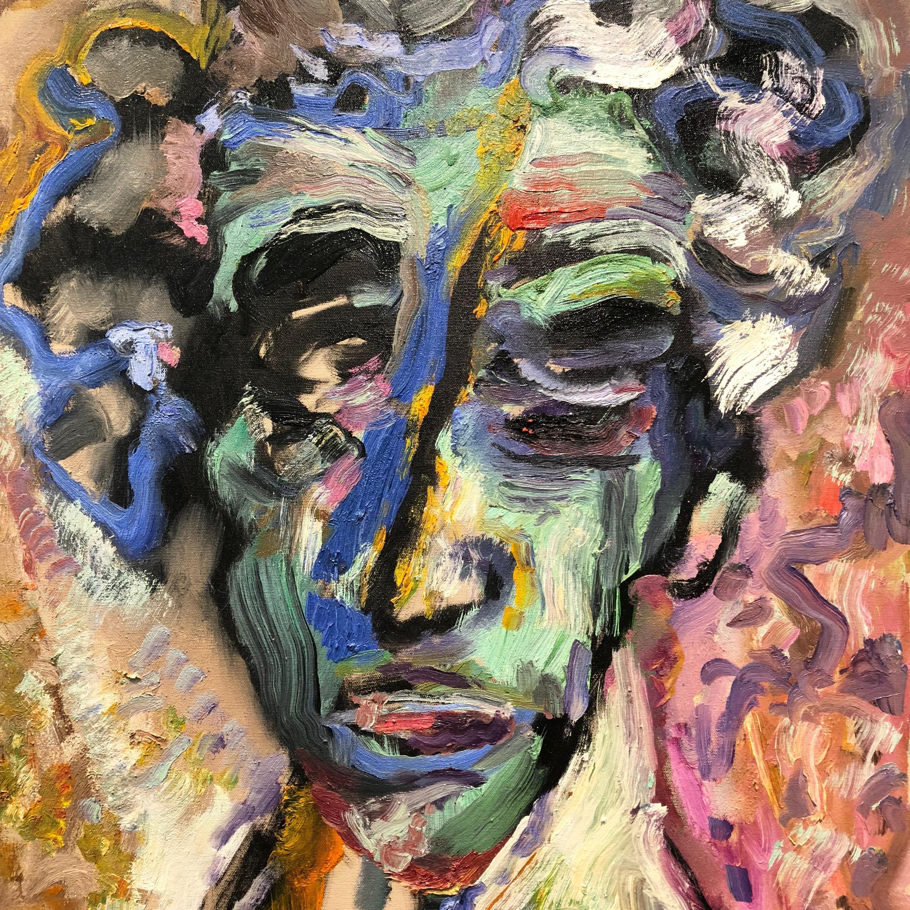 Der Kopf des Hauses, abstraktes figuratives Ölgemälde auf Leinen, reichhaltige, kräftige Farben (Zeitgenössisch), Painting, von Toni Franovic
