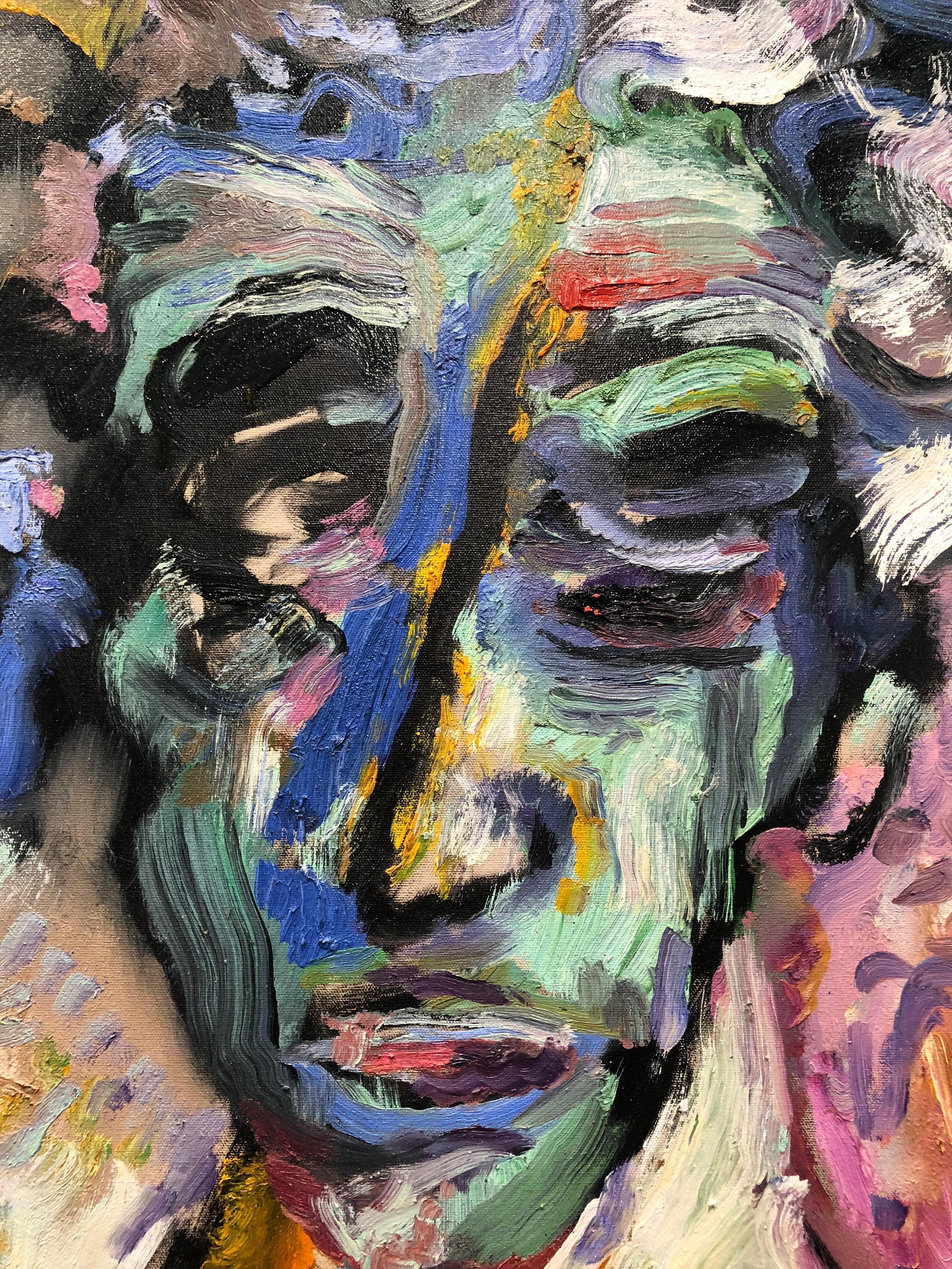 Der Kopf des Hauses, abstraktes figuratives Ölgemälde auf Leinen, reichhaltige, kräftige Farben (Braun), Landscape Painting, von Toni Franovic