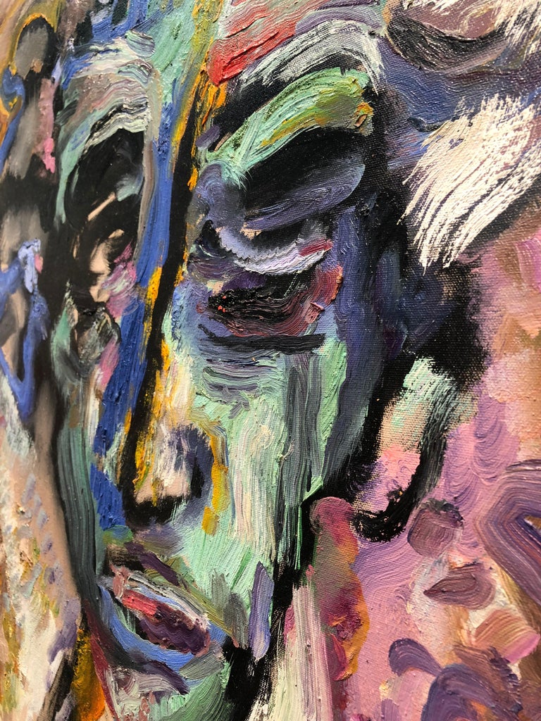 The Head of the House, abstract figurative oil on linen, rich bold colors For Sale 1