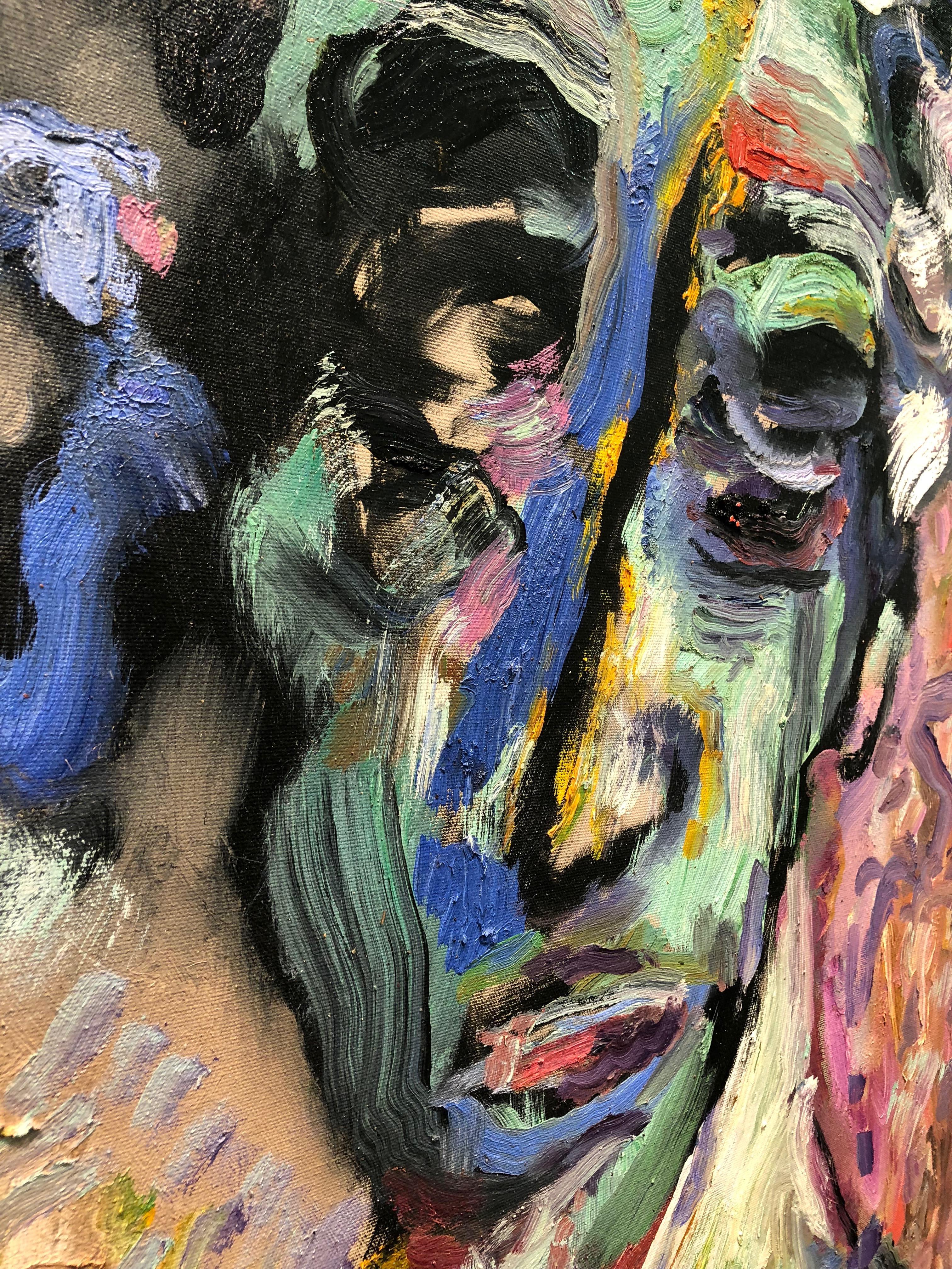 Der Kopf des Hauses, abstraktes figuratives Ölgemälde auf Leinen, reichhaltige, kräftige Farben im Angebot 1