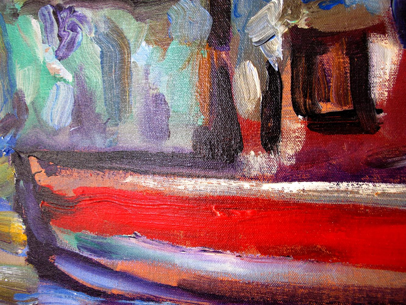 The Red Boat - huile figurative sur lin, couleurs riches et audacieuses, style abstrait - Painting de Toni Franovic