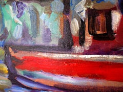 The Red Boat - figurative oil on linen, rich bold colors, abstract style