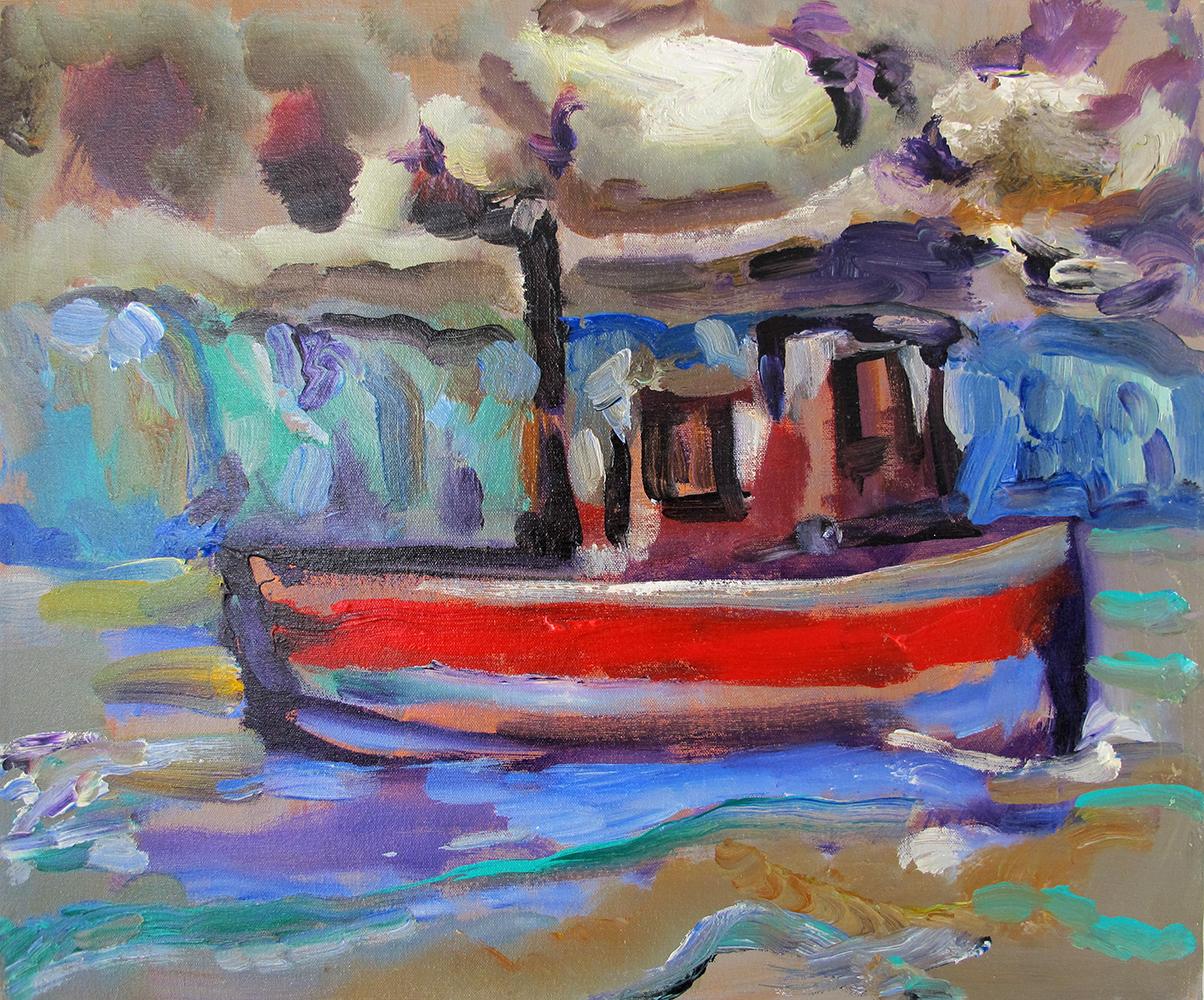 Toni Franovic Figurative Painting - The Red Boat - figurative oil on linen, rich bold colors, abstract style