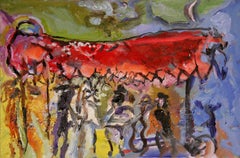 Boda bajo el dosel - óleo figurativo sobre lino, ricos colores vivos
