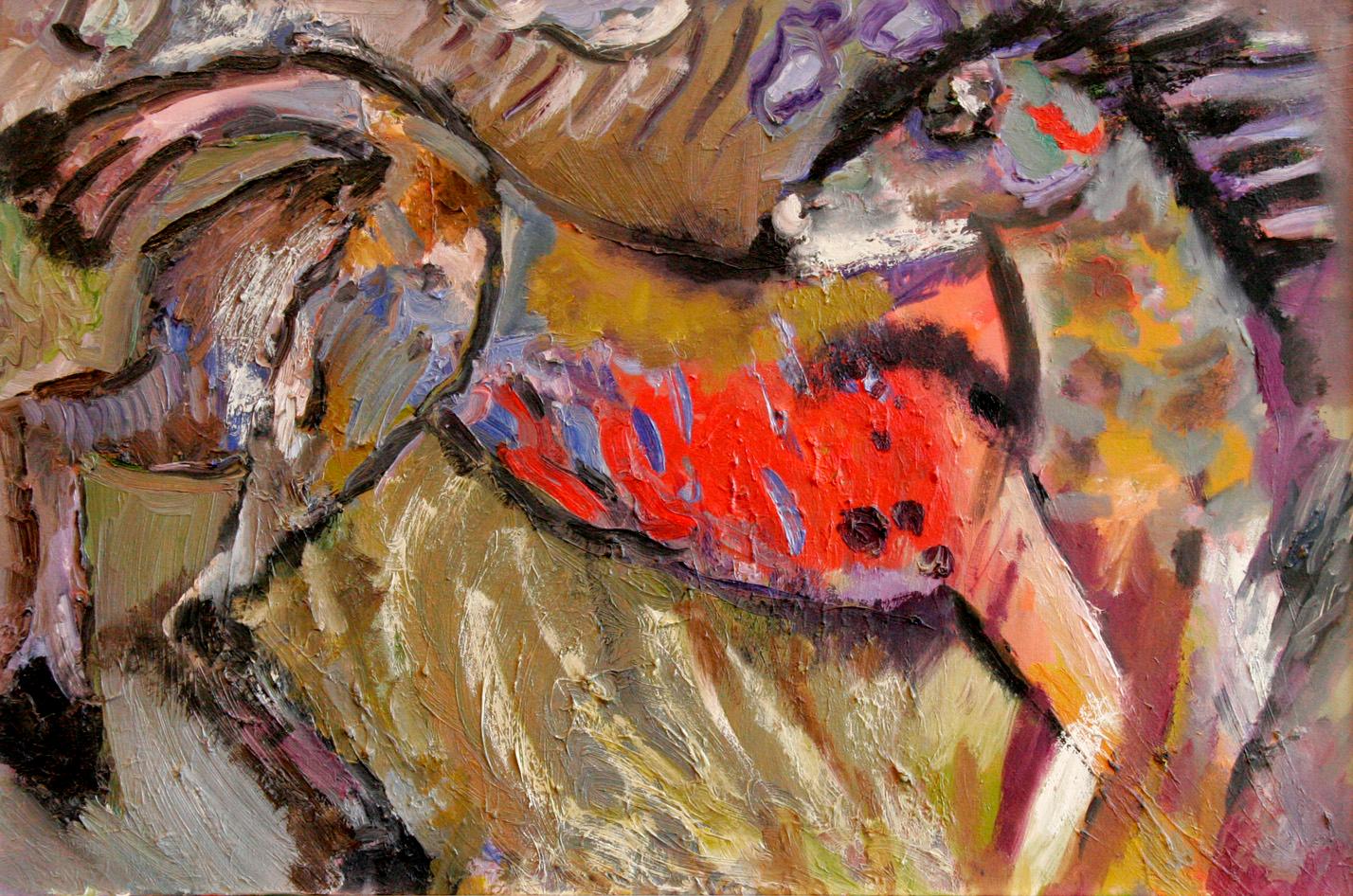 Cheval sauvage, huile abstraite figurative sur lin, couleurs riches et audacieuses - Painting de Toni Franovic