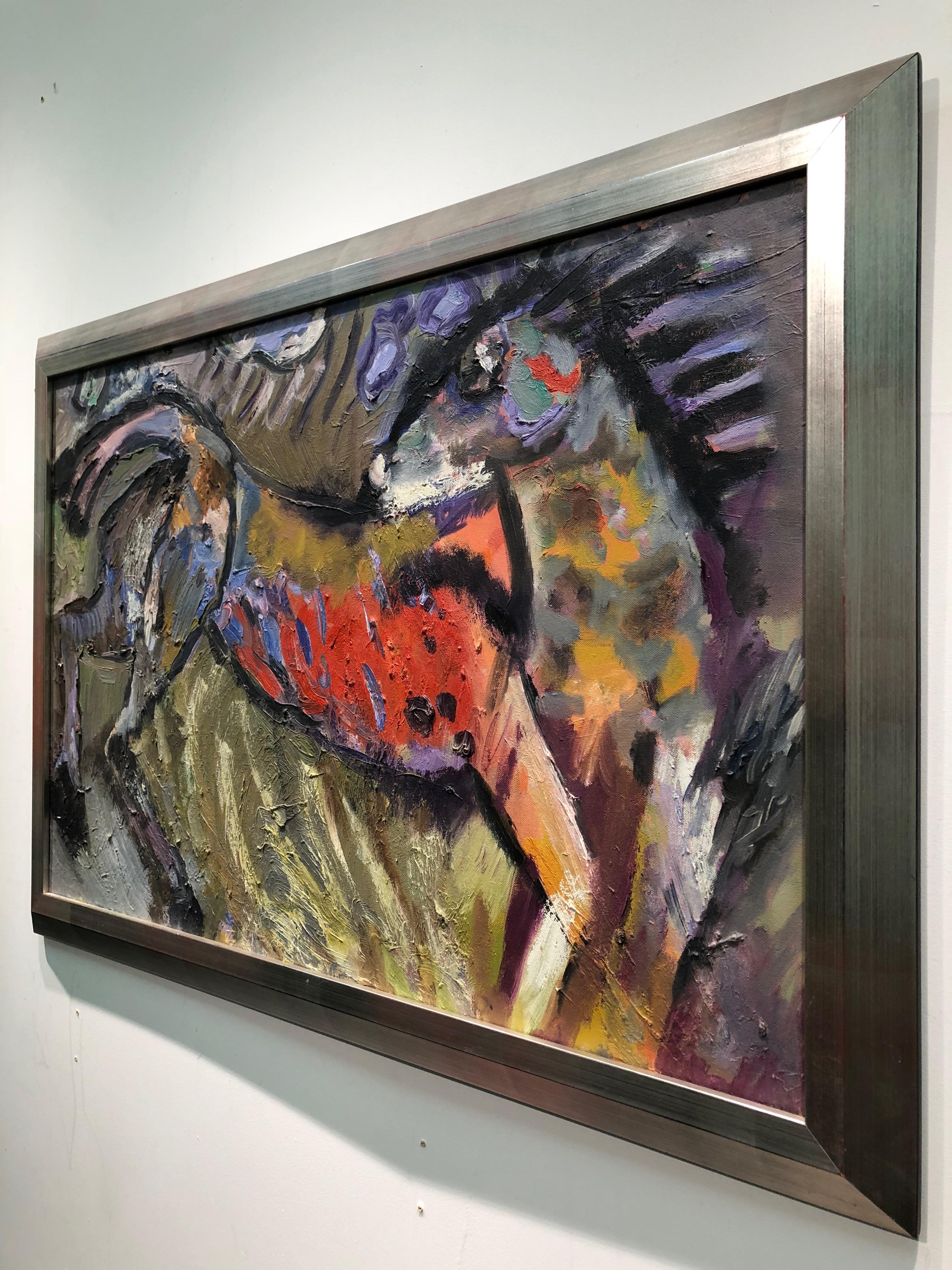 Cheval sauvage, huile abstraite figurative sur lin, couleurs riches et audacieuses - Gris Abstract Painting par Toni Franovic
