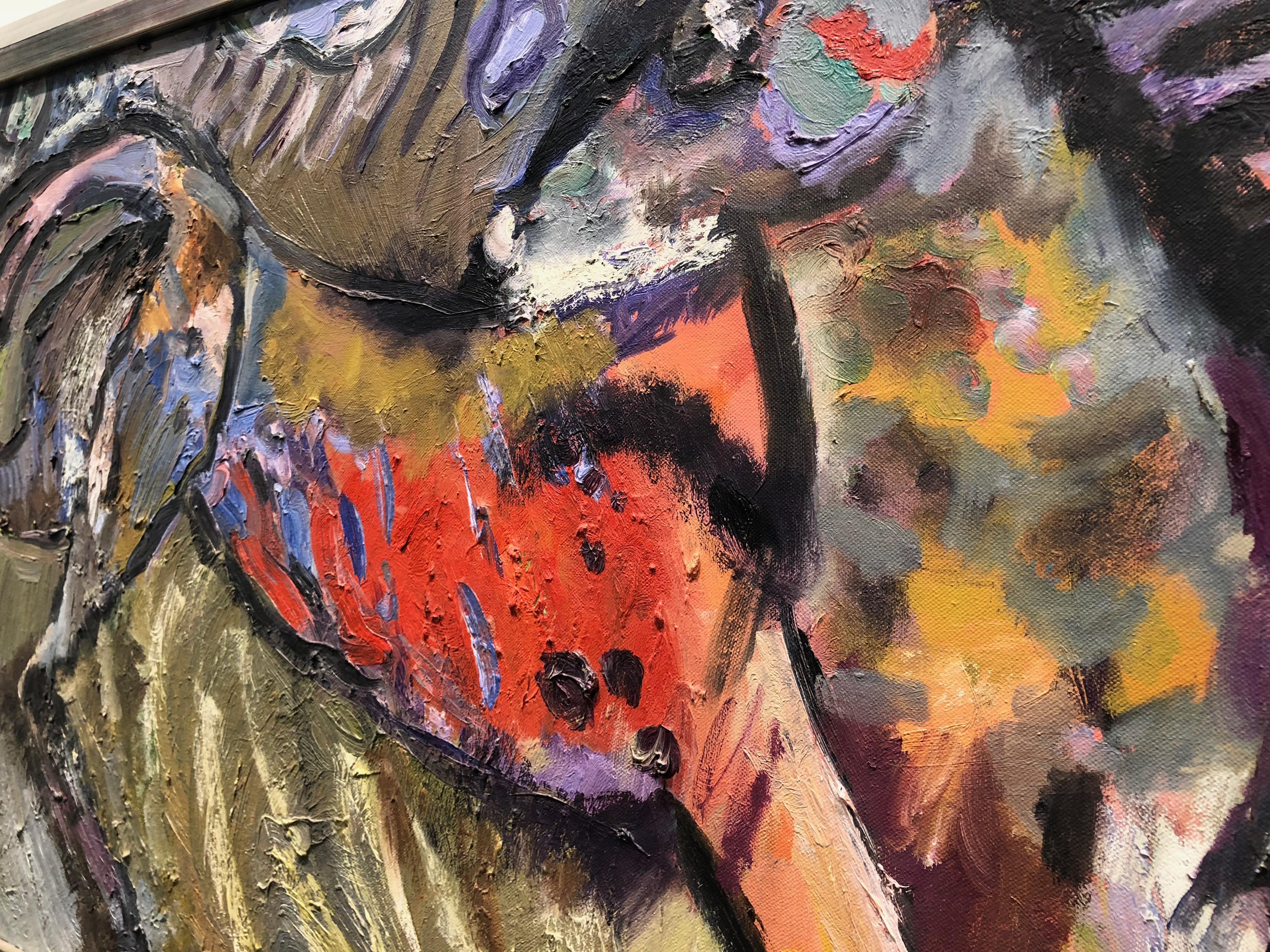 Cheval sauvage, huile abstraite figurative sur lin, couleurs riches et audacieuses en vente 1