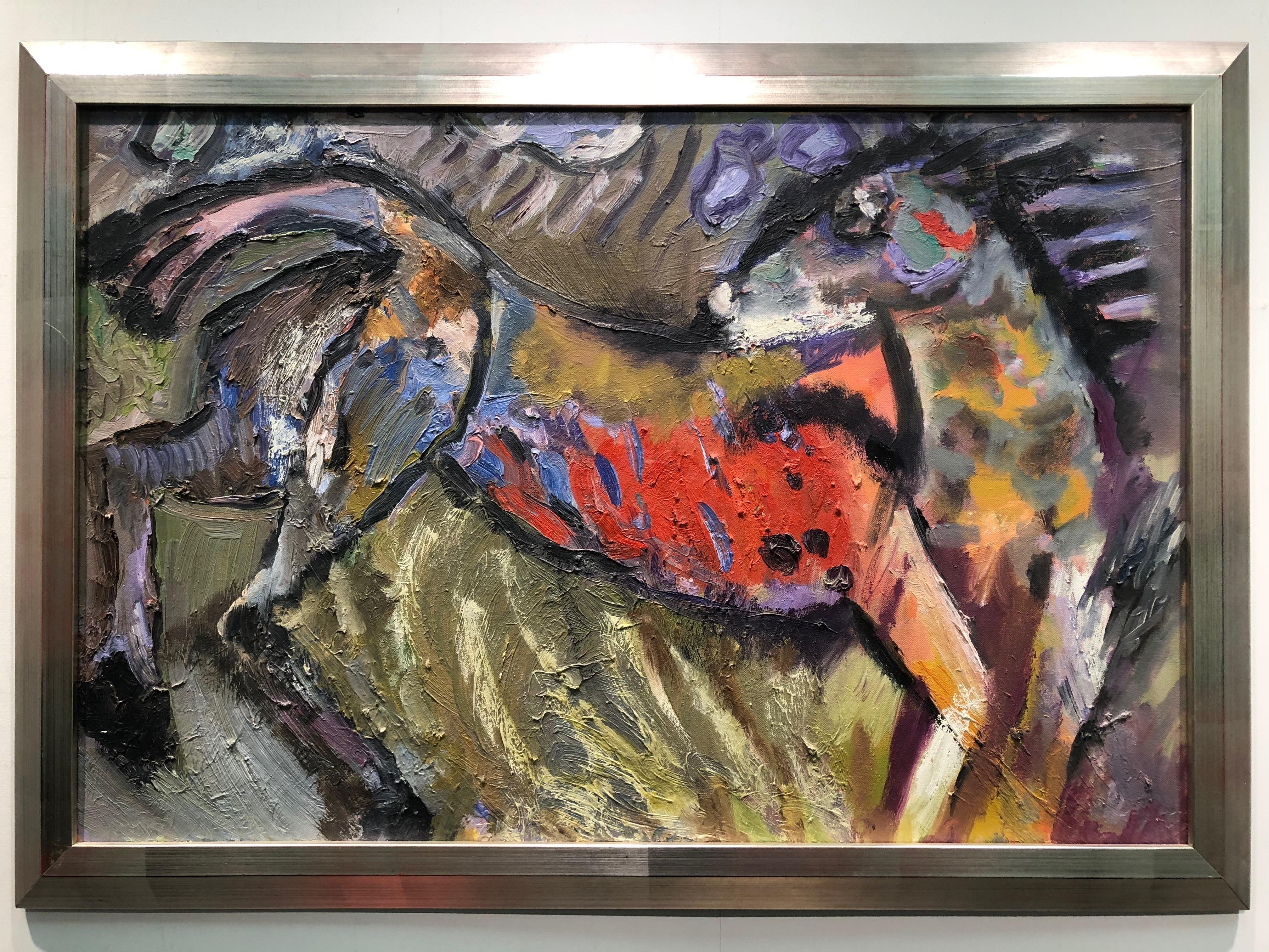 Cheval sauvage, huile abstraite figurative sur lin, couleurs riches et audacieuses