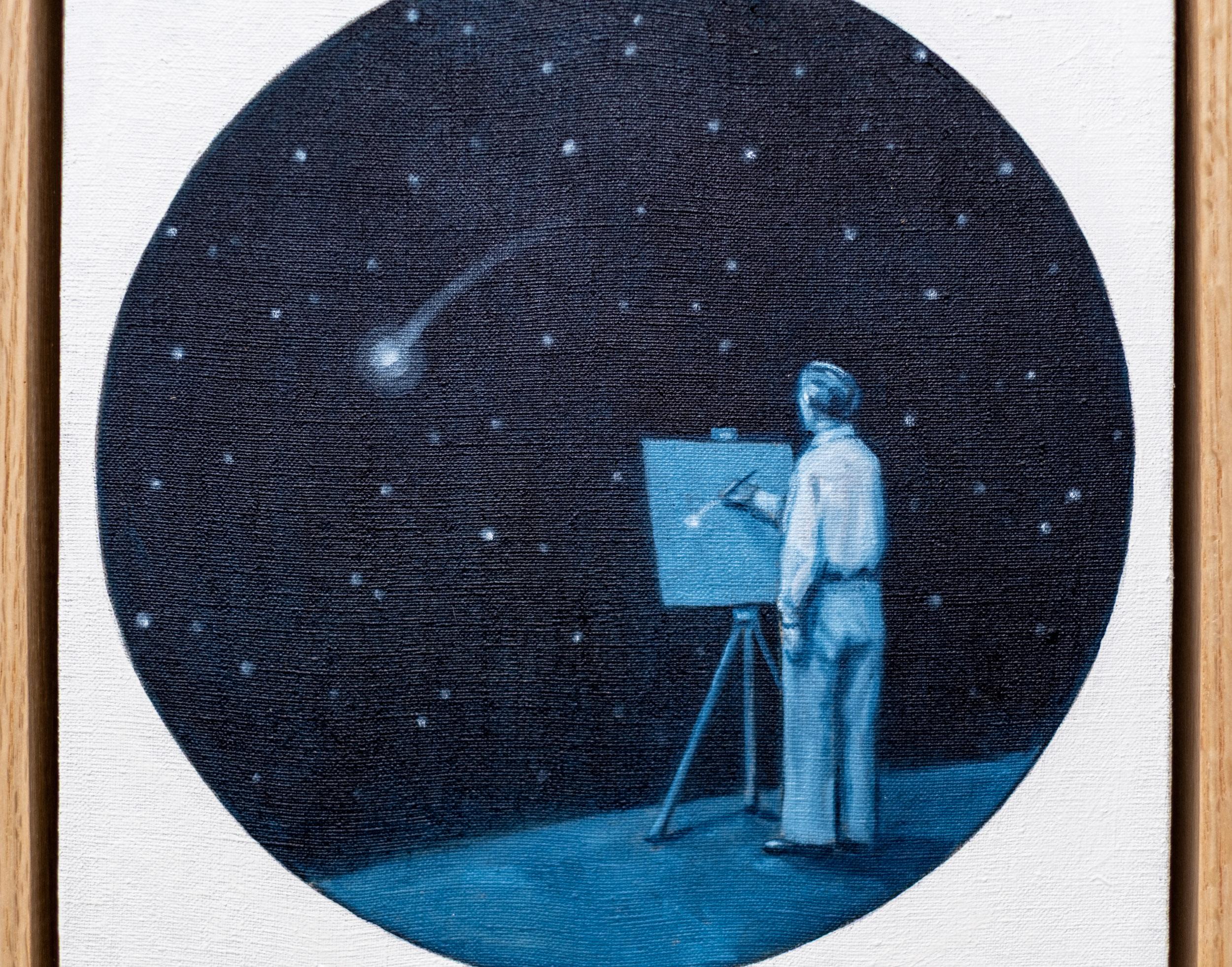 Dieses zeitgenössische surrealistische Ölgemälde stammt von Toni Hamel.

Wenn Toni Hamel ein neues Gemälde beginnt, bezieht sie sich oft auf eine frühere Skizze, die sie angefertigt hat. Das ist Teil des Prozesses, der es ihr ermöglicht, ihrer