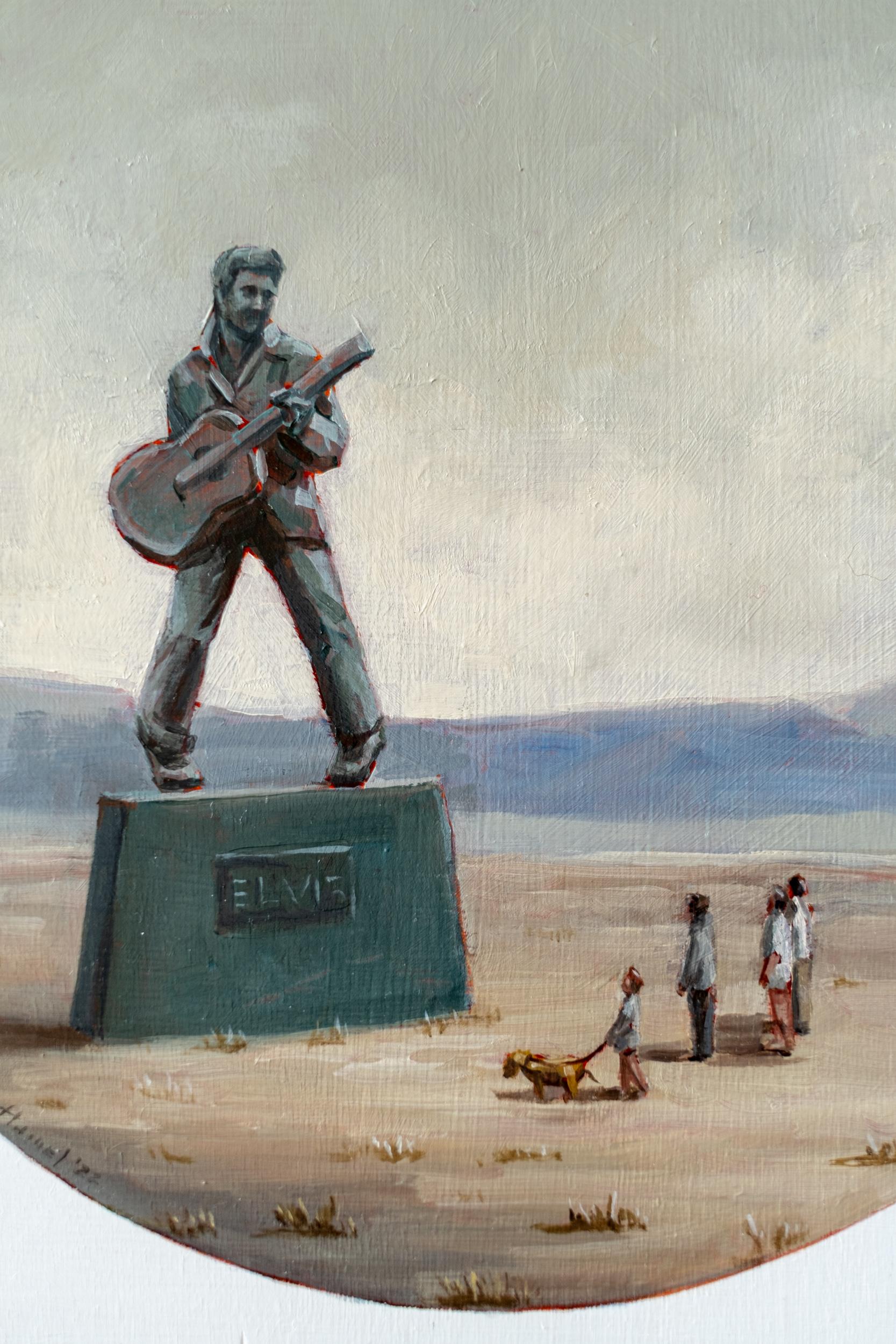Cette peinture à l'huile contemporaine de Toni Hamel représente une statue d'Elvis dans un décor surréaliste.

Toni Hamel crée des mondes qui, fidèles au genre surréaliste, offrent une vision unique, imaginative et alternative de la réalité. Ses