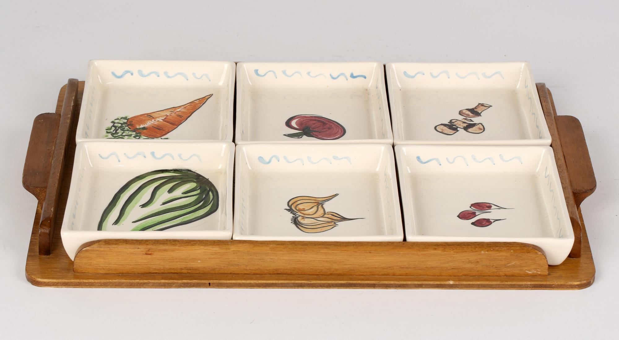 Mid-Century Modern Toni Raymond Mid-Century Pottery Serving Dishes on Fitted Tray For Sale