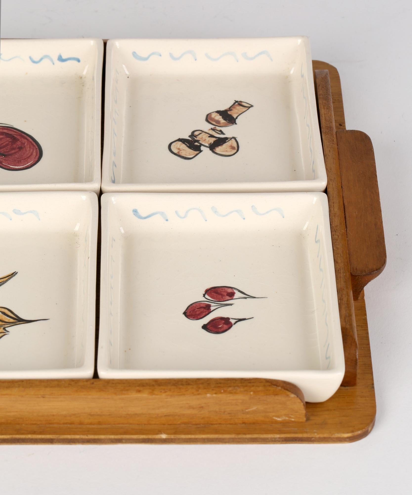 Ceramic Toni Raymond Mid-Century Pottery Serving Dishes on Fitted Tray For Sale