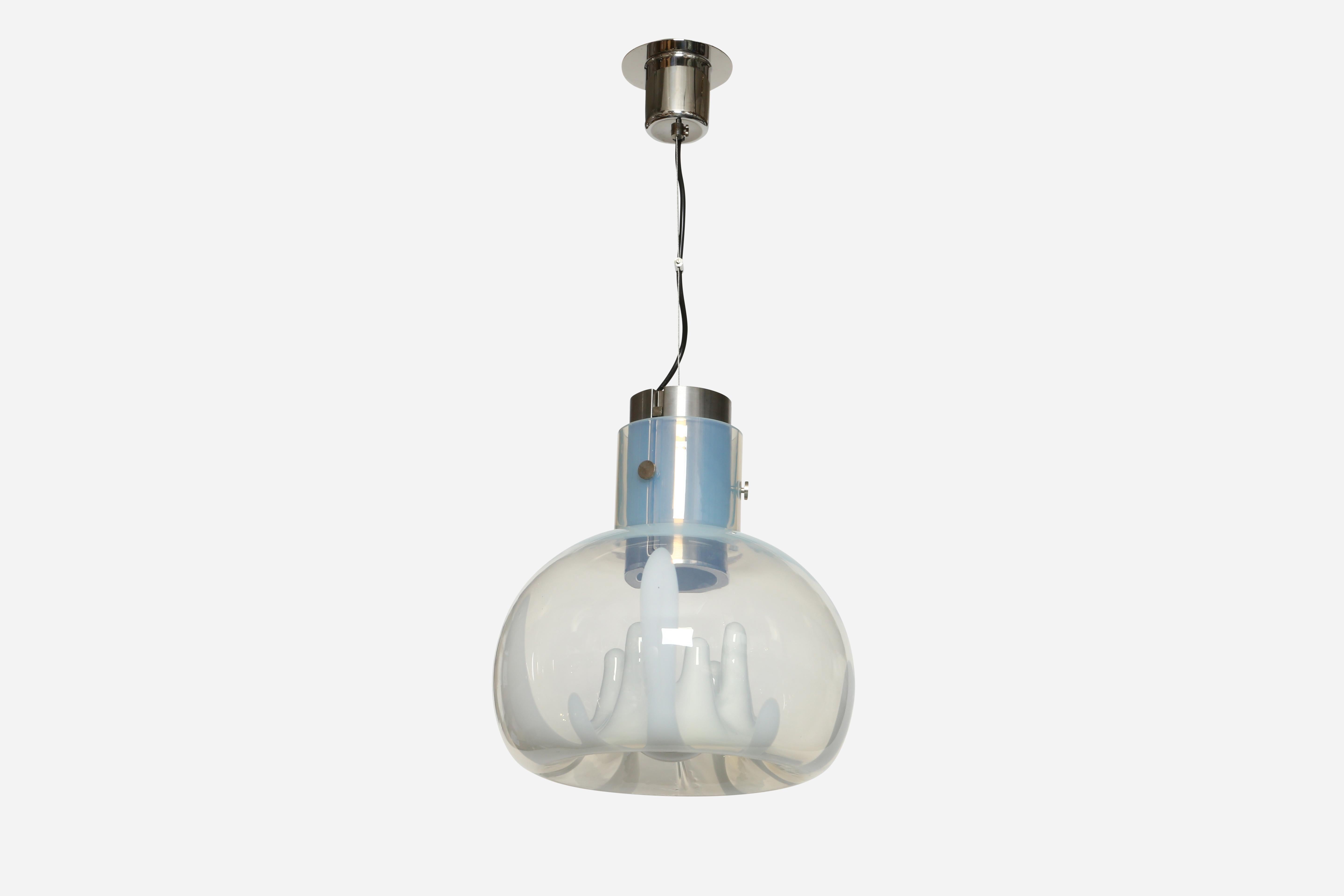 Toni Zuccheri Murano glass suspension.
Italy 1960s
Handblown glass, nickel plated metal.
Takes one medium base bulb.
Rewired for US.
Overall drop is adjustable.
Can be shorter.

We take pride in bringing vintage fixtures to their full glory