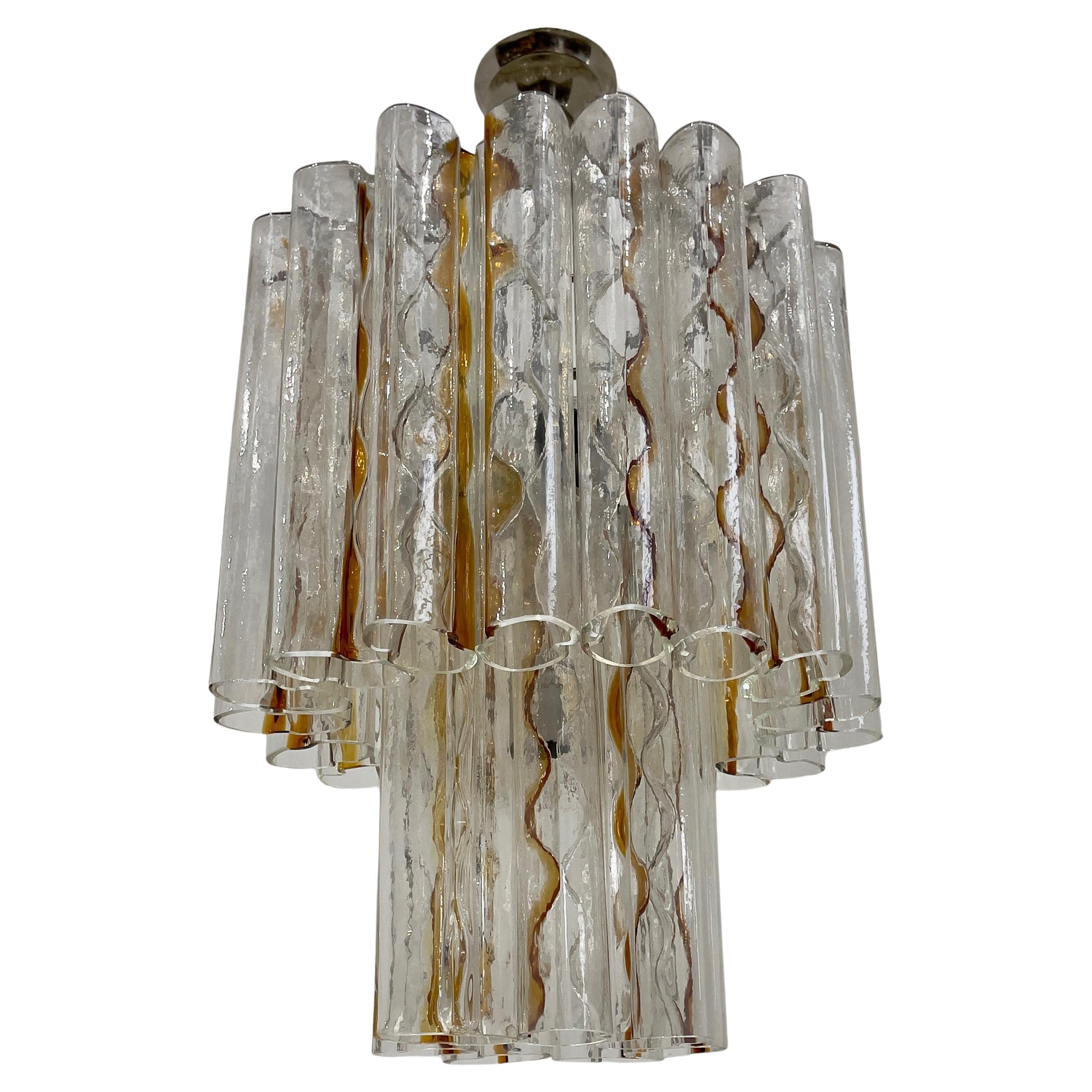 Chandelier with chrome-plated metal frame and cascading Murano glass. Designer Toni Zuccheri. Manufacturer Ve-Art. C1970s