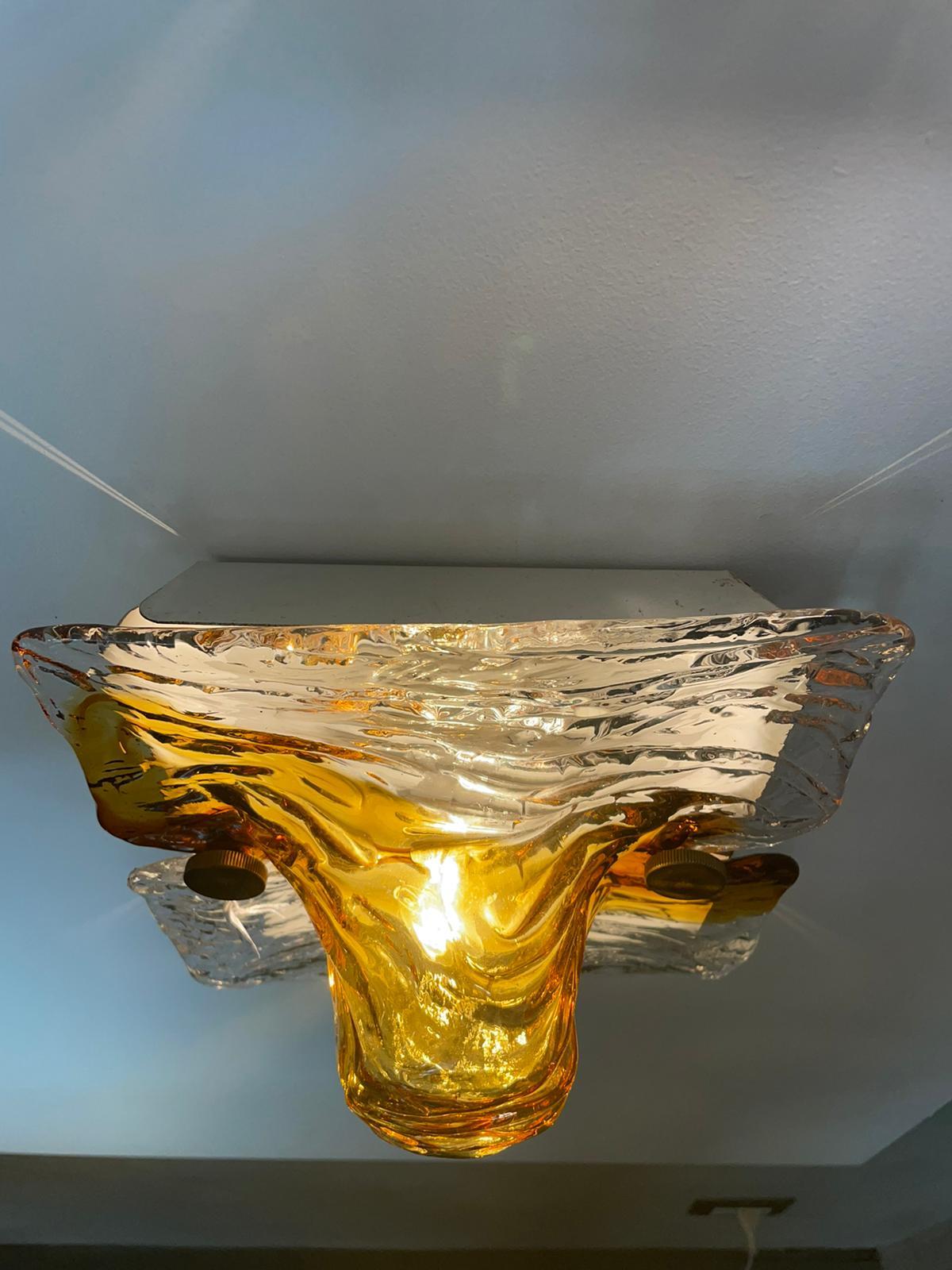 Mid-Century Modern Toni Zuccheri Venini Quilt Pair of Wall Lights Murano Glass Brass, Italy, 1960s
