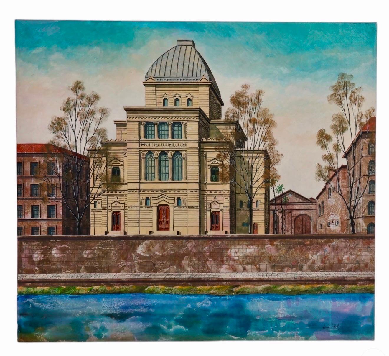 Large Oil Painting Italian Synagogue Rome Antonio Caputo Architecture Judaica - Brown Landscape Painting by Tonino Caputo