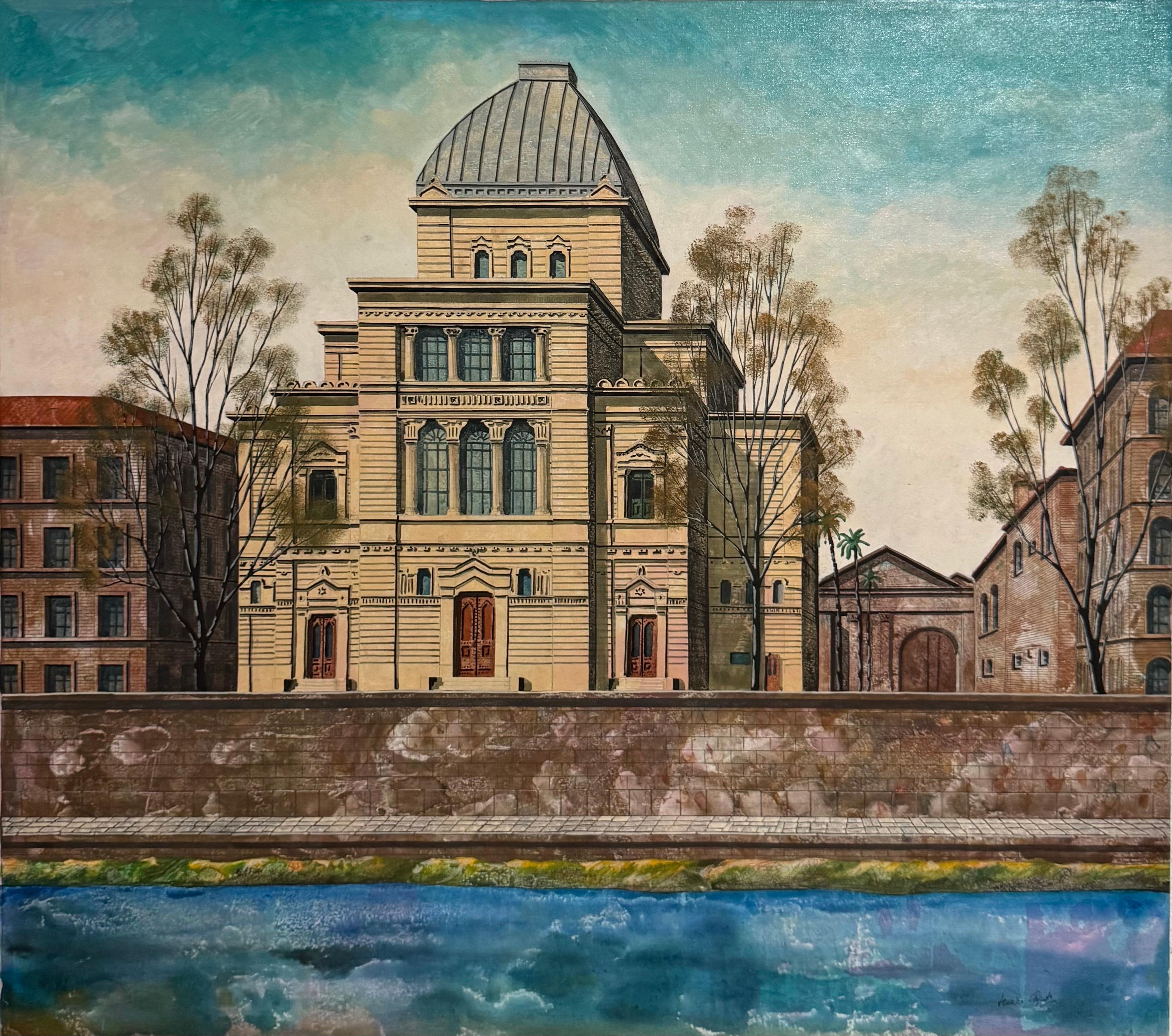 Antonio Caputo  (Italian, 1933-2021) 
Tempio Maggiore (The Bridge)
Hand signed lower right, 'Tonino Caputo' 
Oil on canvas depicting the Great Synagogue of Rome with its distinctive dome and ornate façade rising behind the Tiber River. The