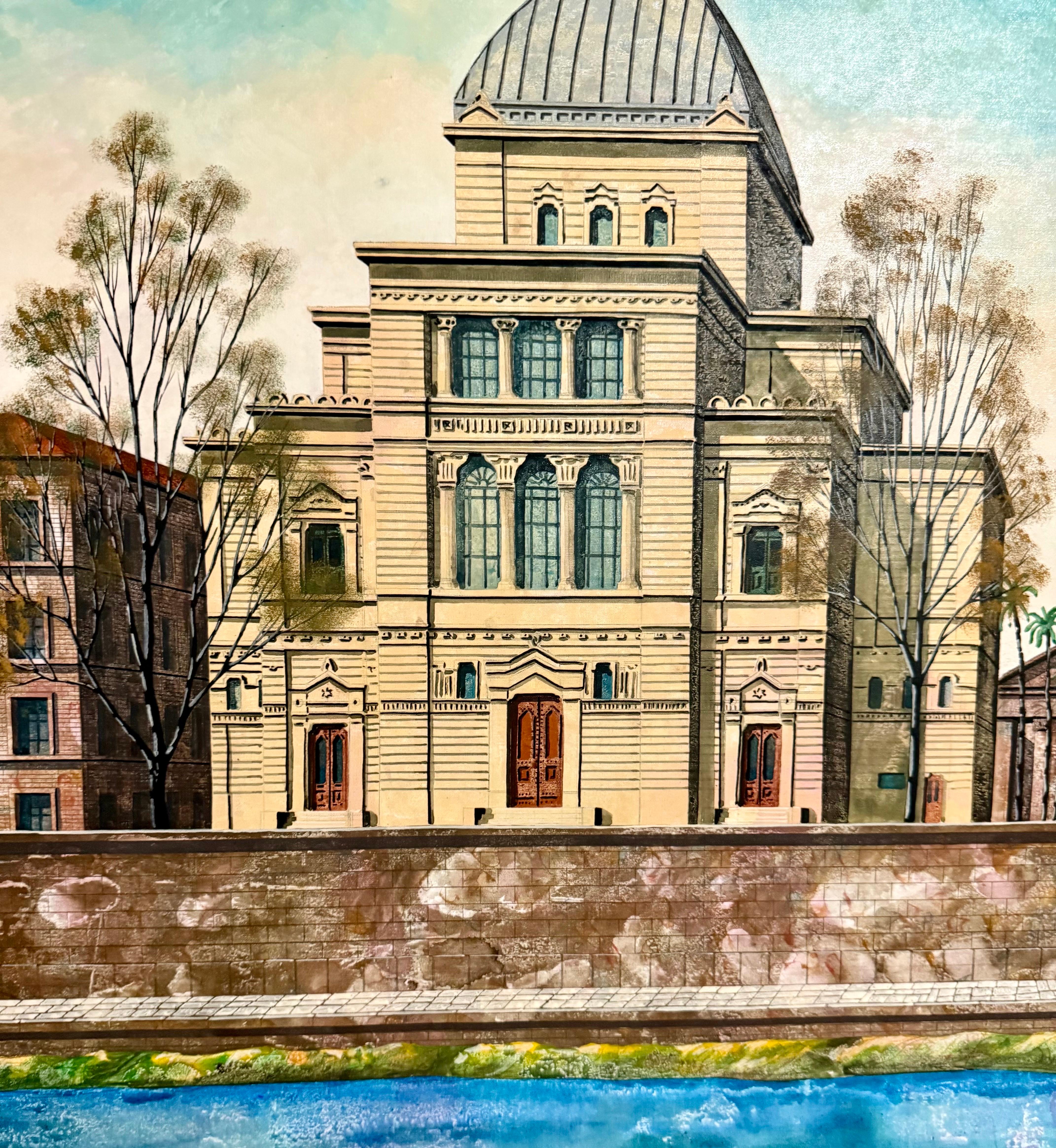 Large Oil Painting Italian Synagogue Rome Antonio Caputo Architecture Judaica For Sale 1