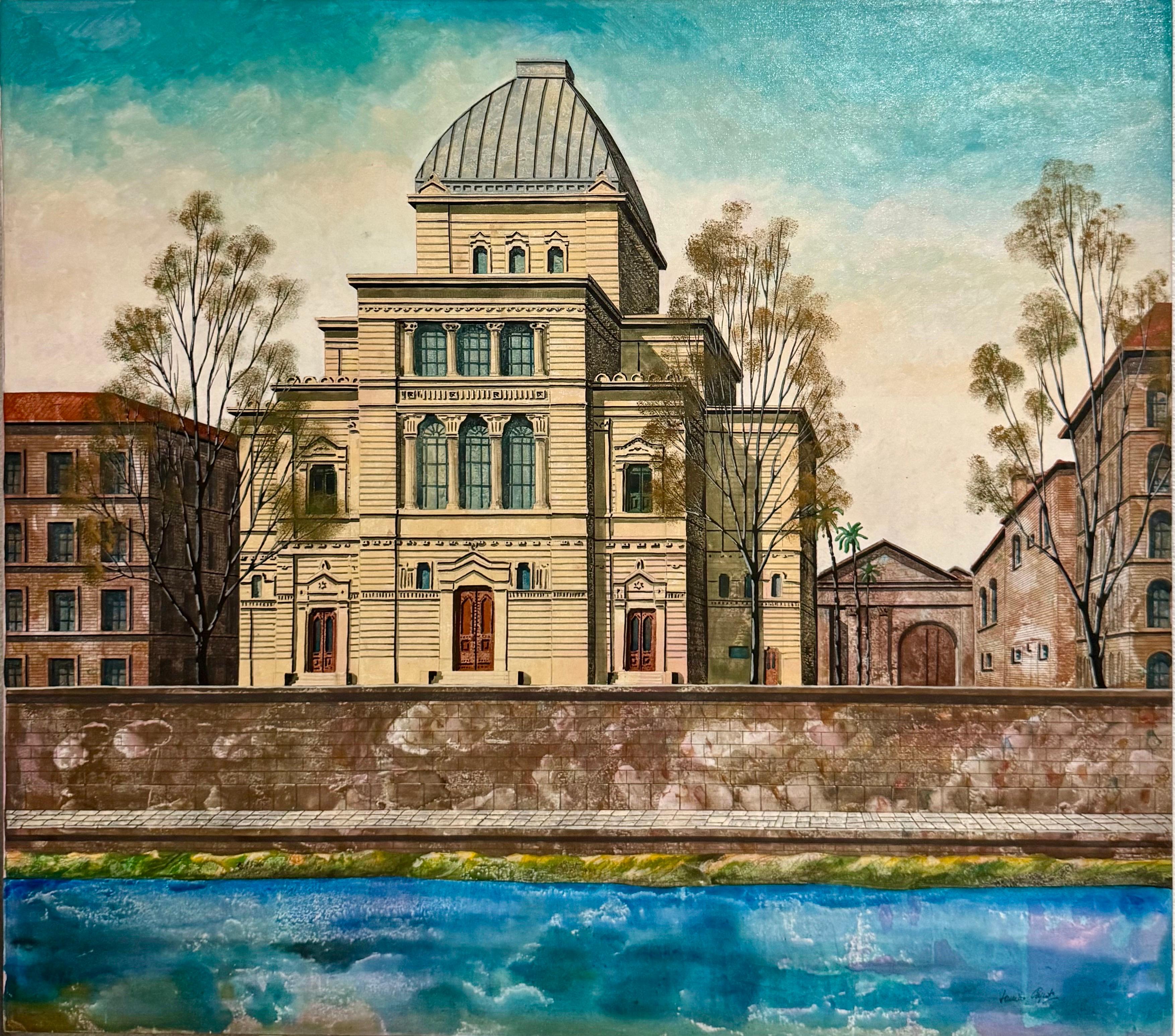 Large Oil Painting Italian Synagogue Rome Antonio Caputo Architecture Judaica