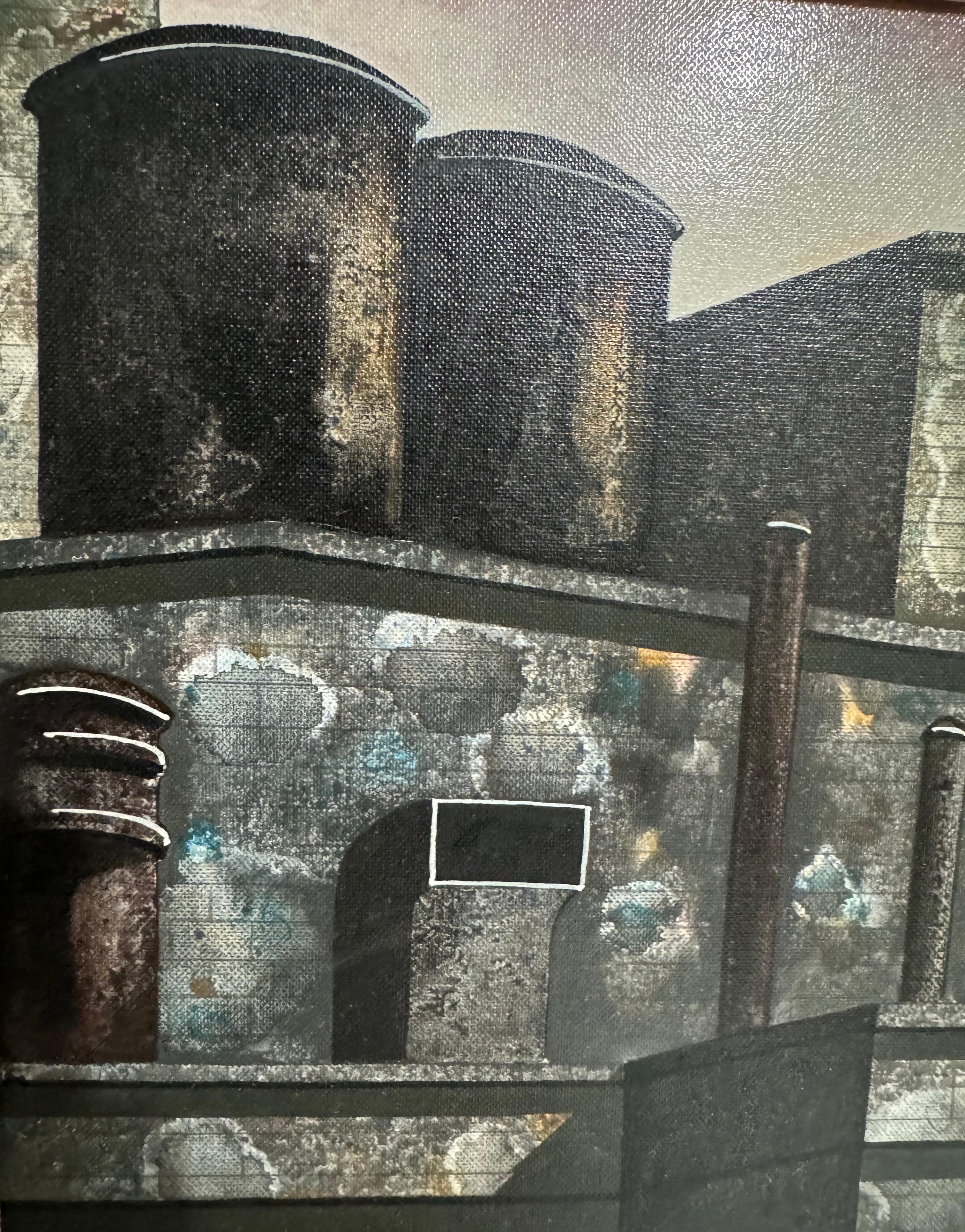 Antonio Caputo (Italiener, 1933-2021)
Architektonische Ölgemälde auf Leinwänden mit dem Titel Ciney. Die Komposition fängt eine ausgeprägte italienische Stadtlandschaft ein und vermischt klassische und industrielle Elemente durch Caputos