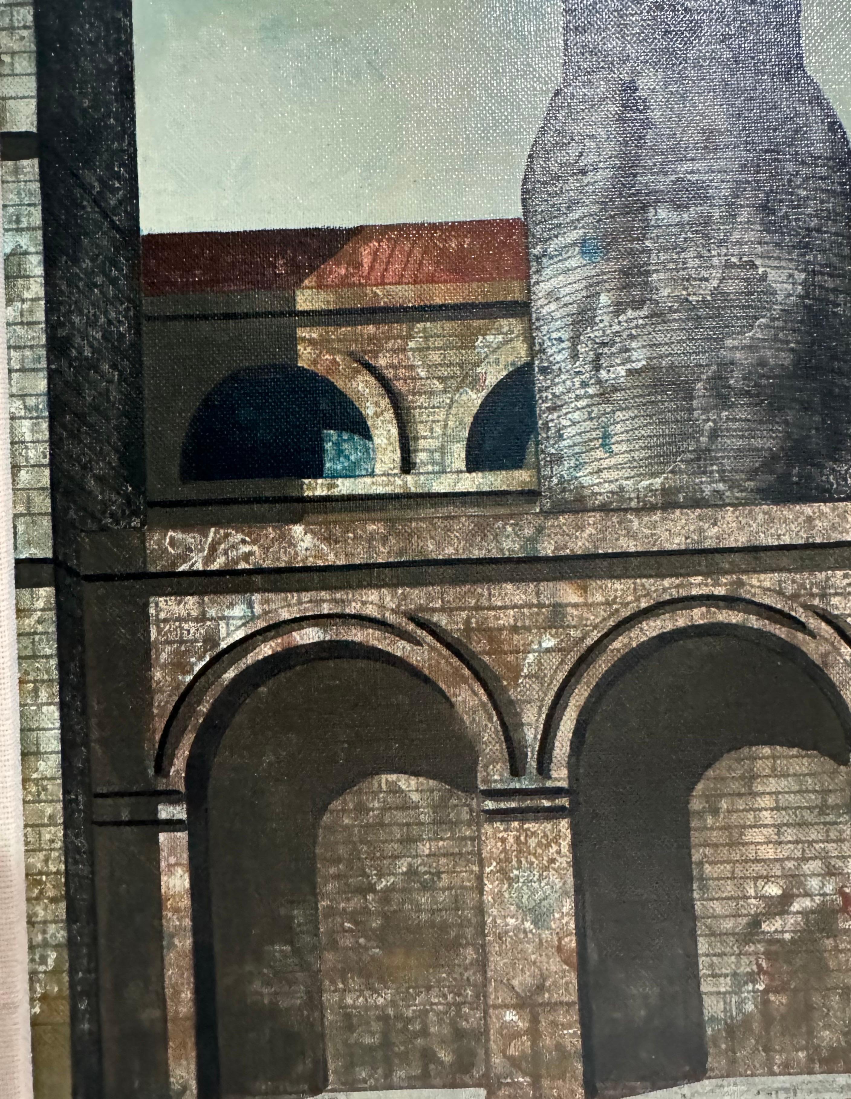 Antonio Caputo (Italiener, 1933-2021)
Architektonische Ölgemälde auf Leinwand mit dem Titel Fornace. Die Komposition fängt eine ausgeprägte italienische Stadtlandschaft ein und vermischt klassische und industrielle Elemente durch Caputos