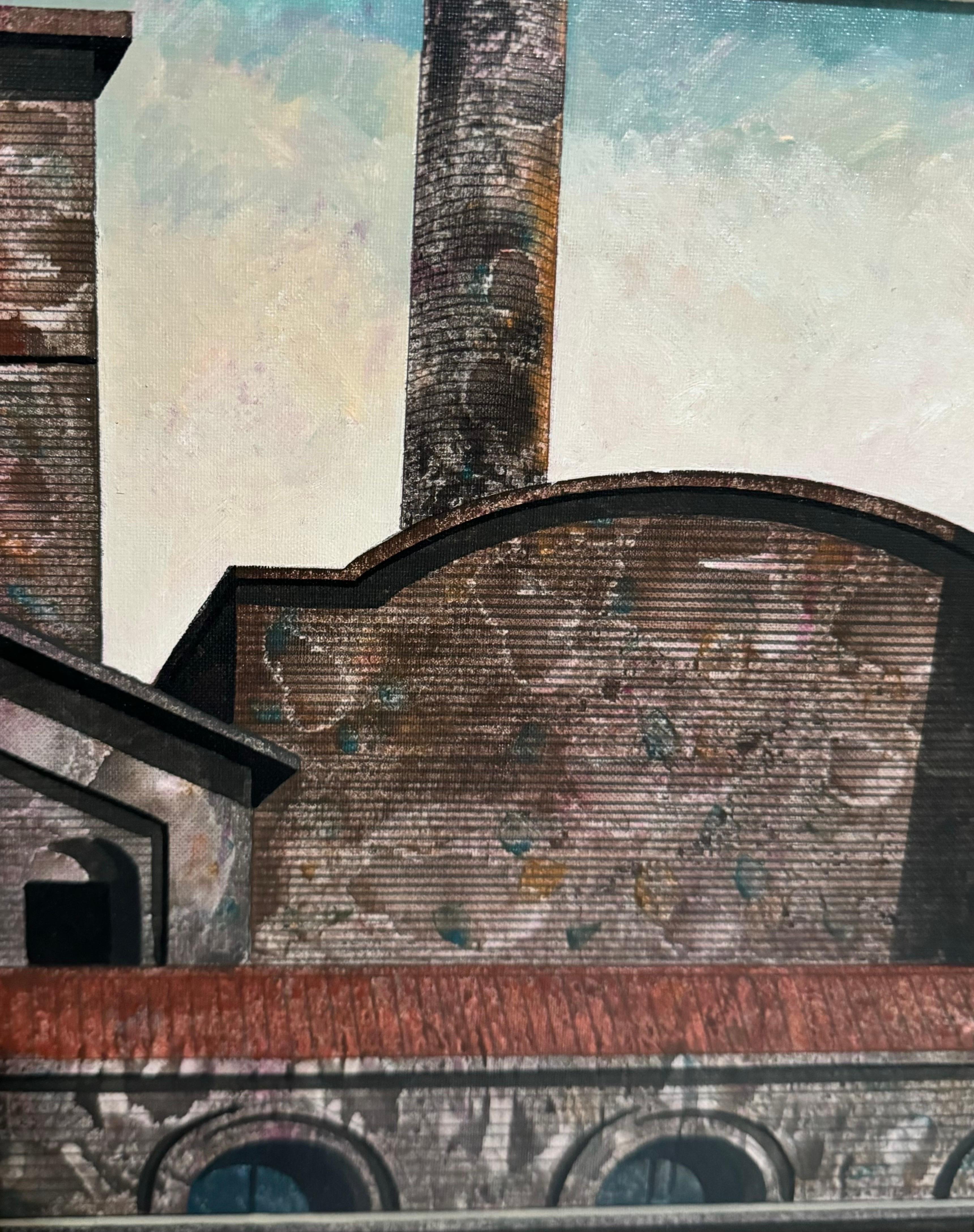 Antonio Caputo's  (Italiener, 1933-2021) 
Architektonische Ölgemälde auf Leinwänden mit dem Titel Testaccio. Die Komposition fängt eine ausgeprägte italienische Stadtlandschaft ein und vermischt klassische und industrielle Elemente durch Caputos