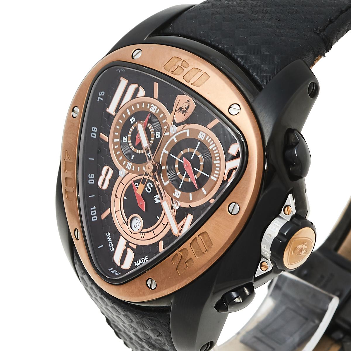 Tonino Lamborghini brings you this smart timepiece that is made from stainless steel. It has a triangle case with a dial housing Arabic numeral hour markers, sub-dials, and a date window. Swiss-made, the chronograph watch also flaunts a sapphire