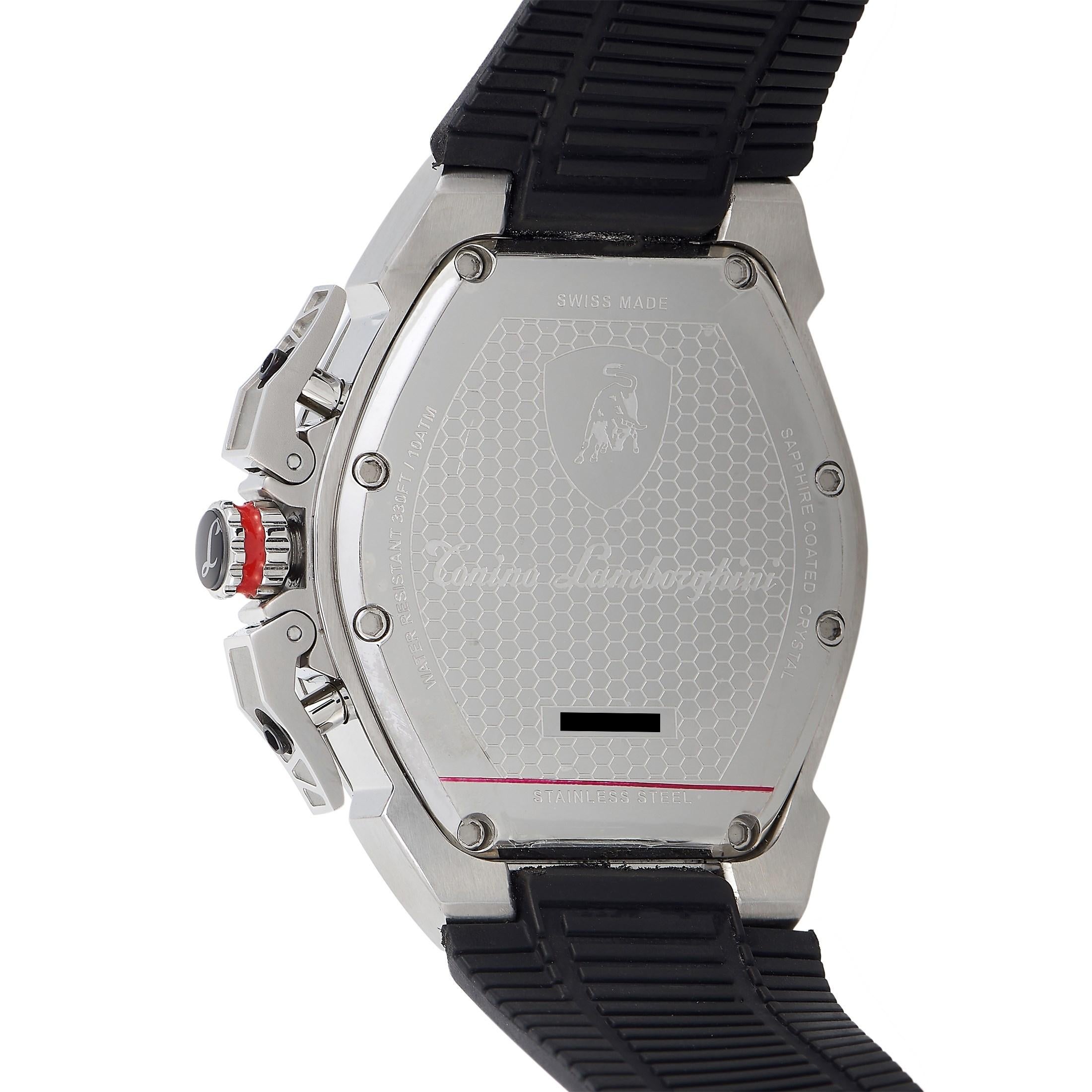 This Tonino Lamborghini Chronograph Stainless Steel Watch, reference number GT302SP, features a stainless steel case presented on a stylish black rubber strap with deployment clasp bearing the Lamborghini logo. The Lamborghini logo is also displayed