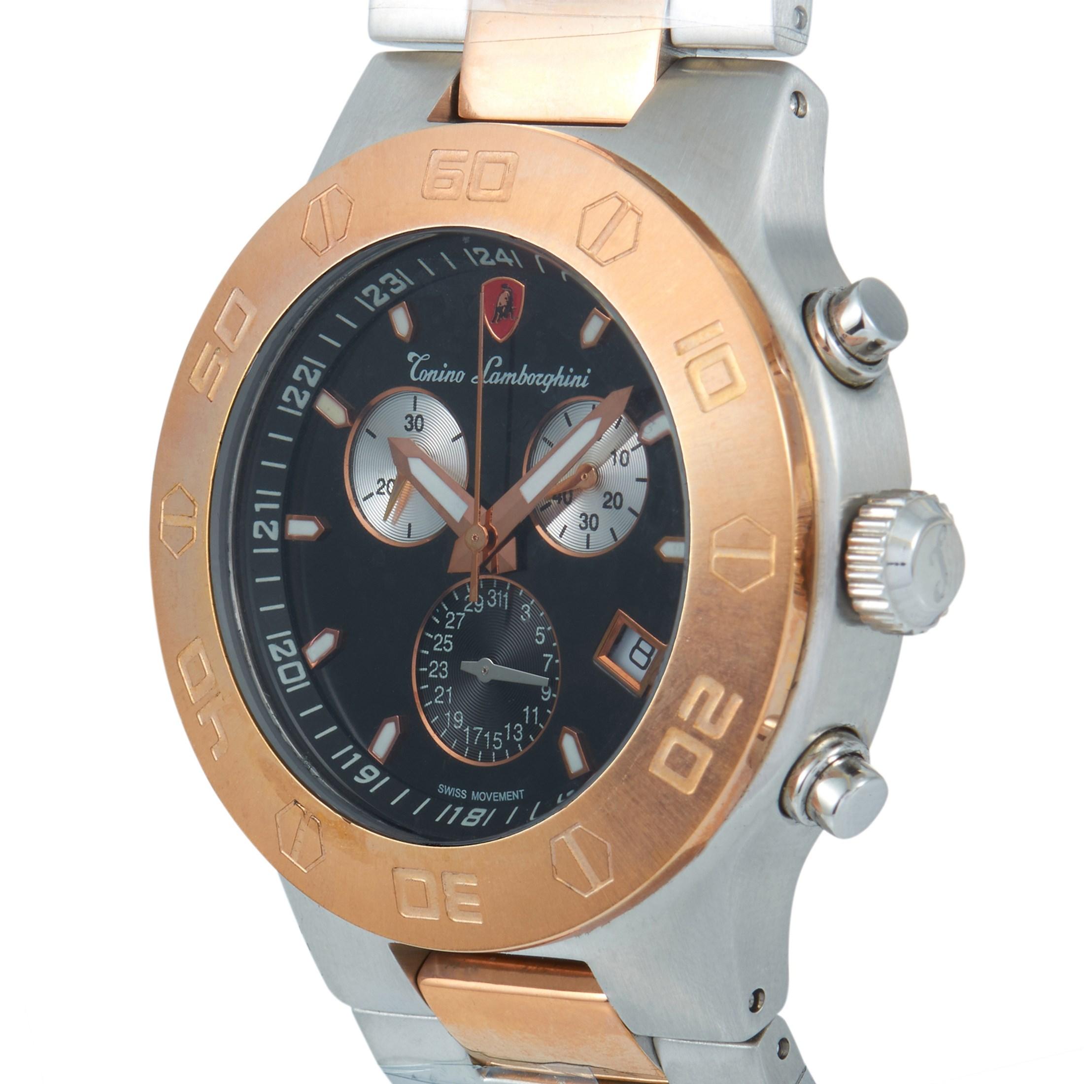 The Tonino Lamborghini Chronograph watch, reference number EN034.501, boasts a stainless steel case fitted with a rose gold-tone bezel. The case is presented on a matching stainless steel bracelet with rose gold-tone inserts. This model is powered