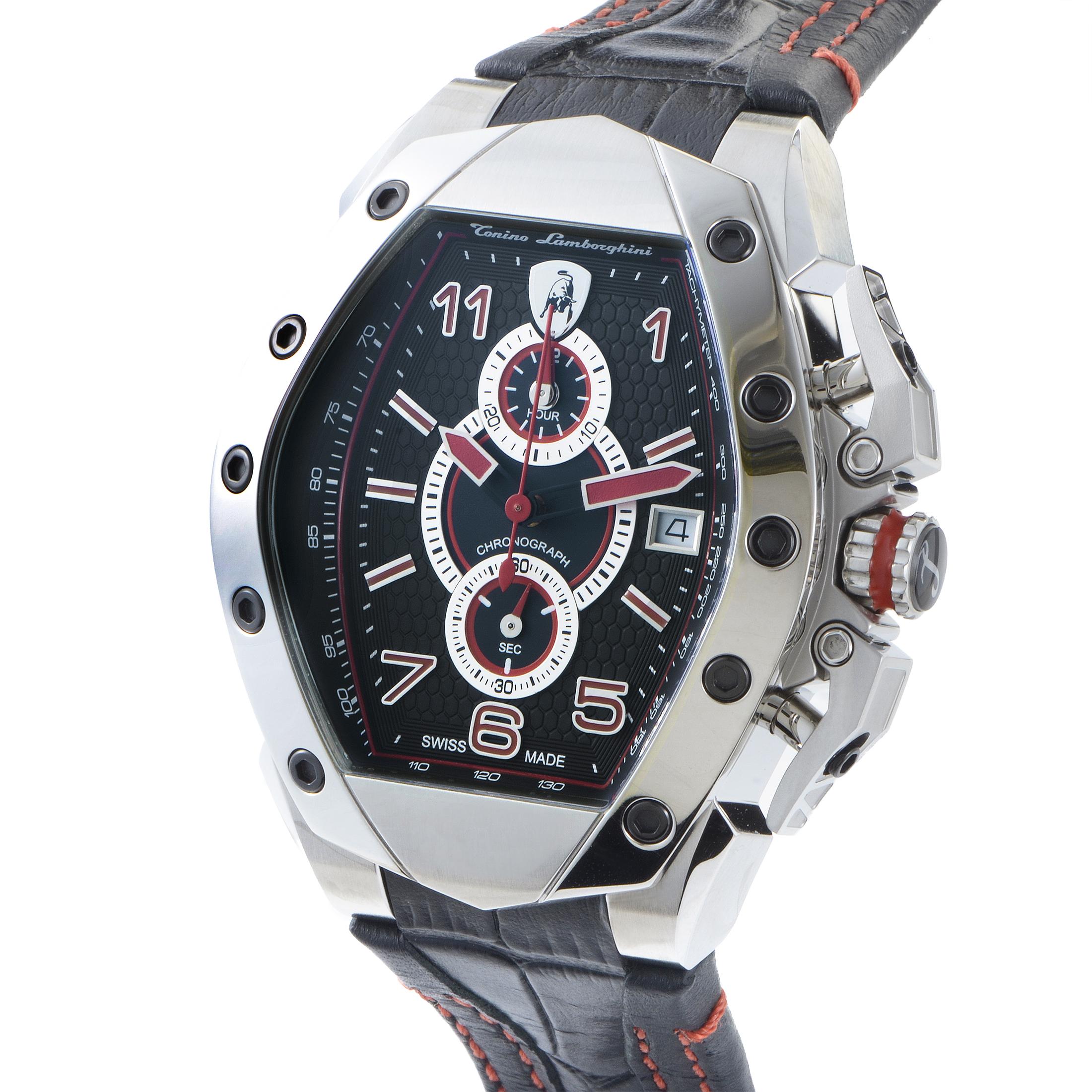 The ideal symmetry of a dial design where three chapter rings and the brand's famous logo are neatly lined along the vertical axis adds a compelling aesthetic dimension to this masculine timepiece from Tonino Lamborghini which offers great
