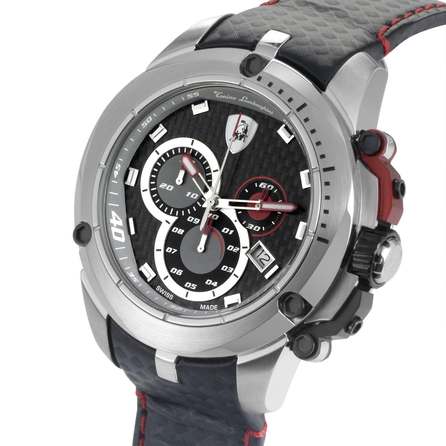 This sporty timepiece from Tonino Lamborghini is for the gentleman that enjoys all things luxurious. The case is made of polished stainless steel and features a carbon fiber dial with chronograph subdials. The dial also displays the standard hours,