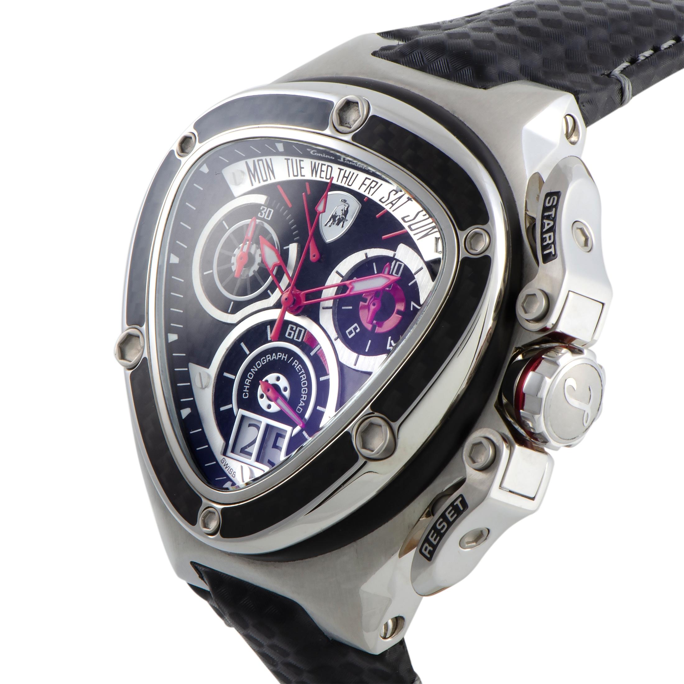 The Spyder Chronograph watch by Tonino Lamborghini, reference number 3020, is presented with a stainless steel case that features a bezel with carbon fiber insert. The case is water-resistant to 100 meters and mounted onto a black leather strap