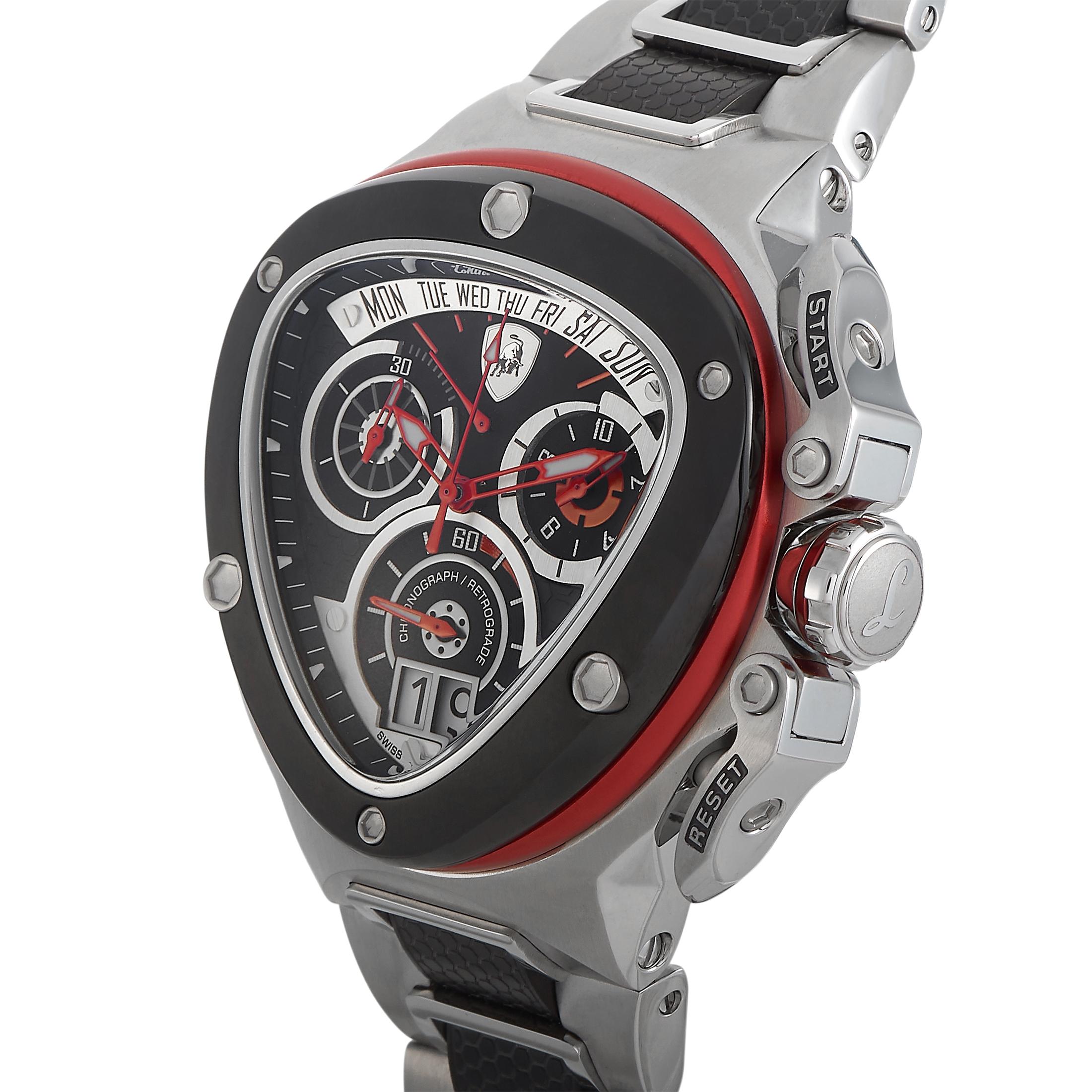 This is the Tonino Lamborghini Spyder Chronograph, reference number SW3001.
 
 The watch boasts a stainless steel case that is fitted with a bezel made out of black PVD-coated stainless steel and red aluminum. The case is water-resistant to 100