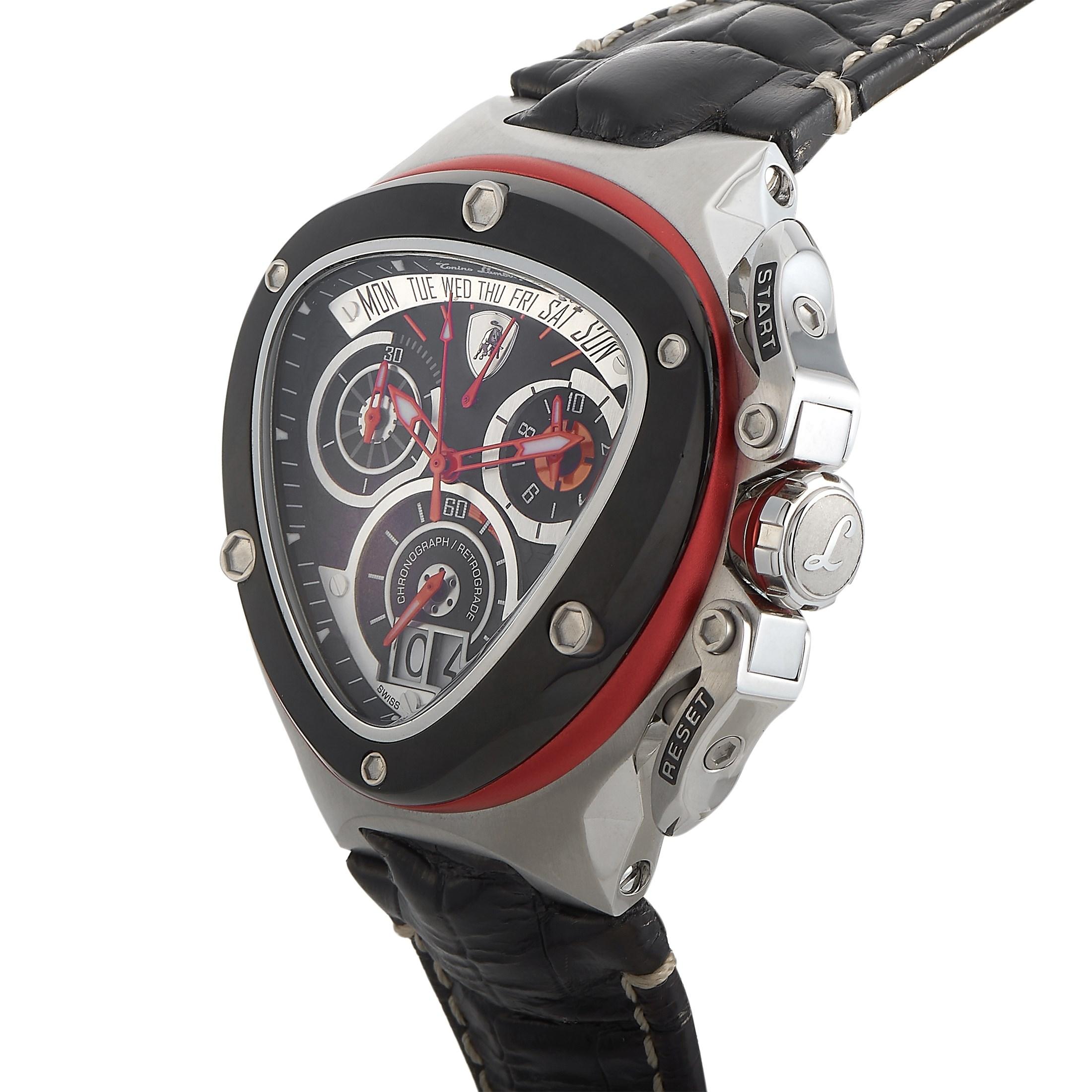 This is the Tonino Lamborghini Spyder Chronograph, reference number SW3004.

The watch boasts a stainless steel case that is fitted with a bezel made out of black PVD-plated stainless steel and red aluminum. The case is water-resistant to 100 meters