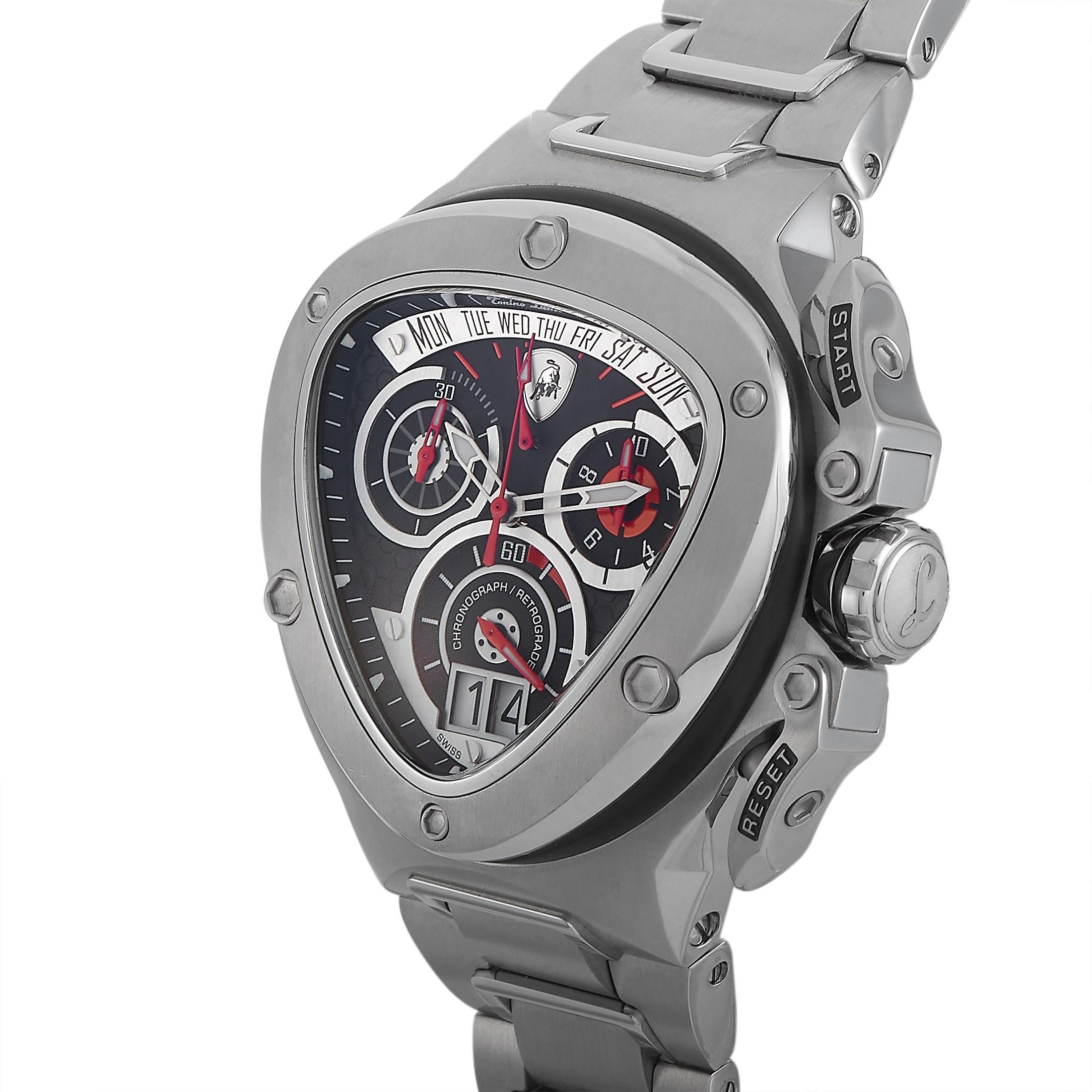 This is the Tonino Lamborghini Spyder Chronograph, reference number SW3007

The watch boasts a stainless steel case that is fitted with a stainless steel and black aluminum bezel. The case is water-resistant to 100 meters and mounted onto a