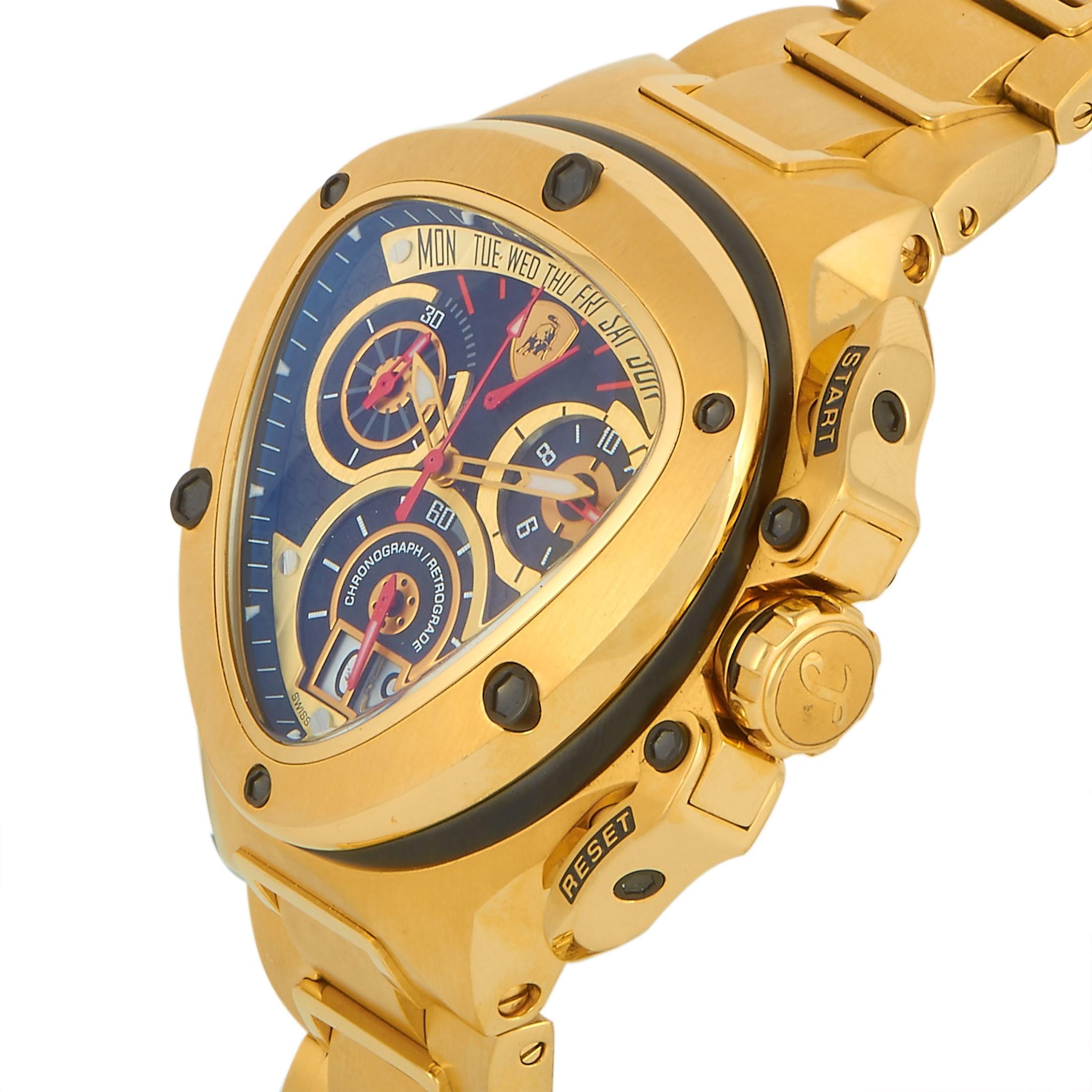 Il s'agit du chronographe Tonino Lamborghini Spyder:: numéro de référence SW3010. 

La montre est dotée d'un boîtier en acier inoxydable de couleur or:: présenté sur un bracelet en acier inoxydable de couleur or assorti. Animé par le mouvement à