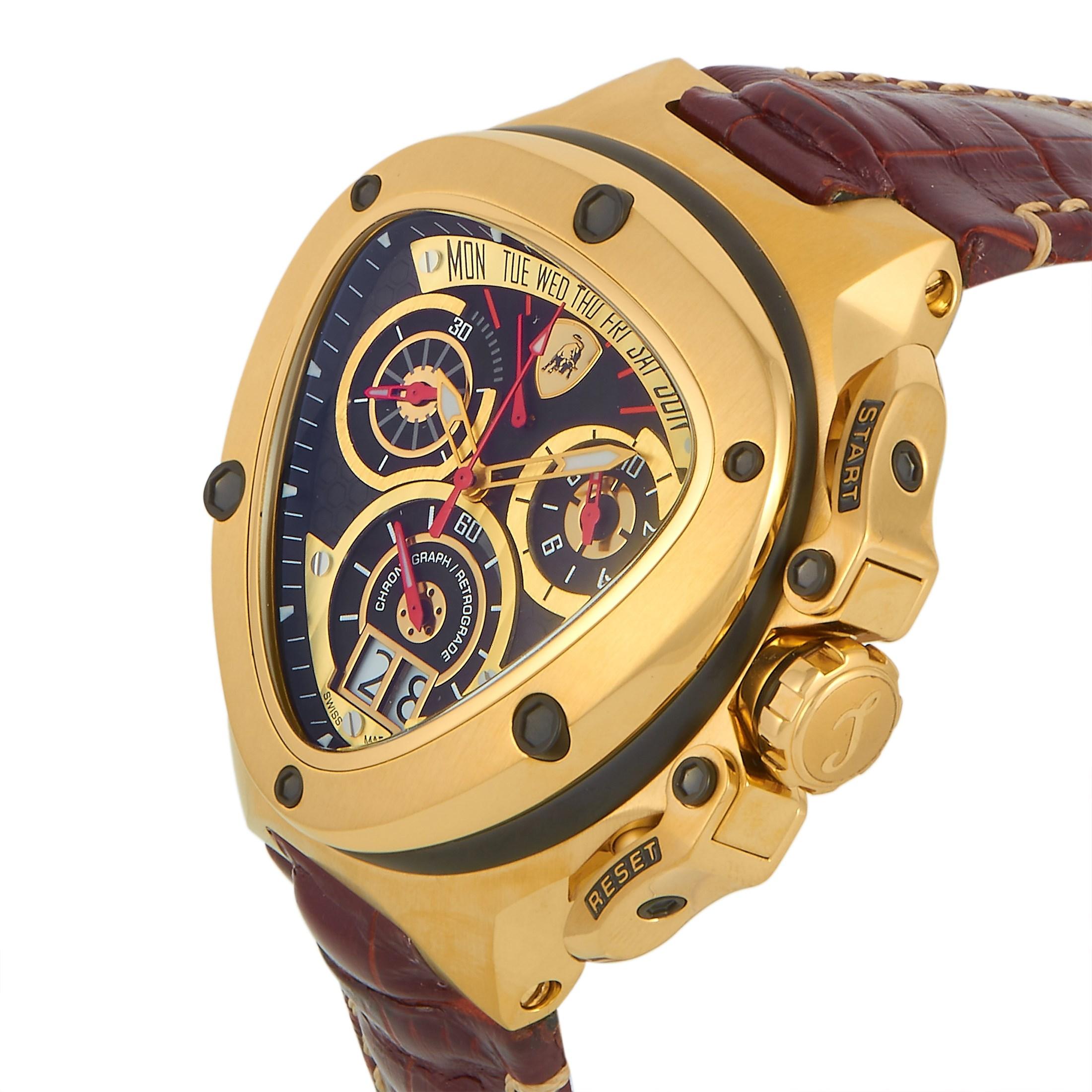 This is the Tonino Lamborghini Spyder Chronograph, reference number SW3011.

The watch boasts a gold-tone stainless steel case that is presented on a brown leather strap, secured on the wrist with a deployment clasp. Powered by the Ronda 8040.N