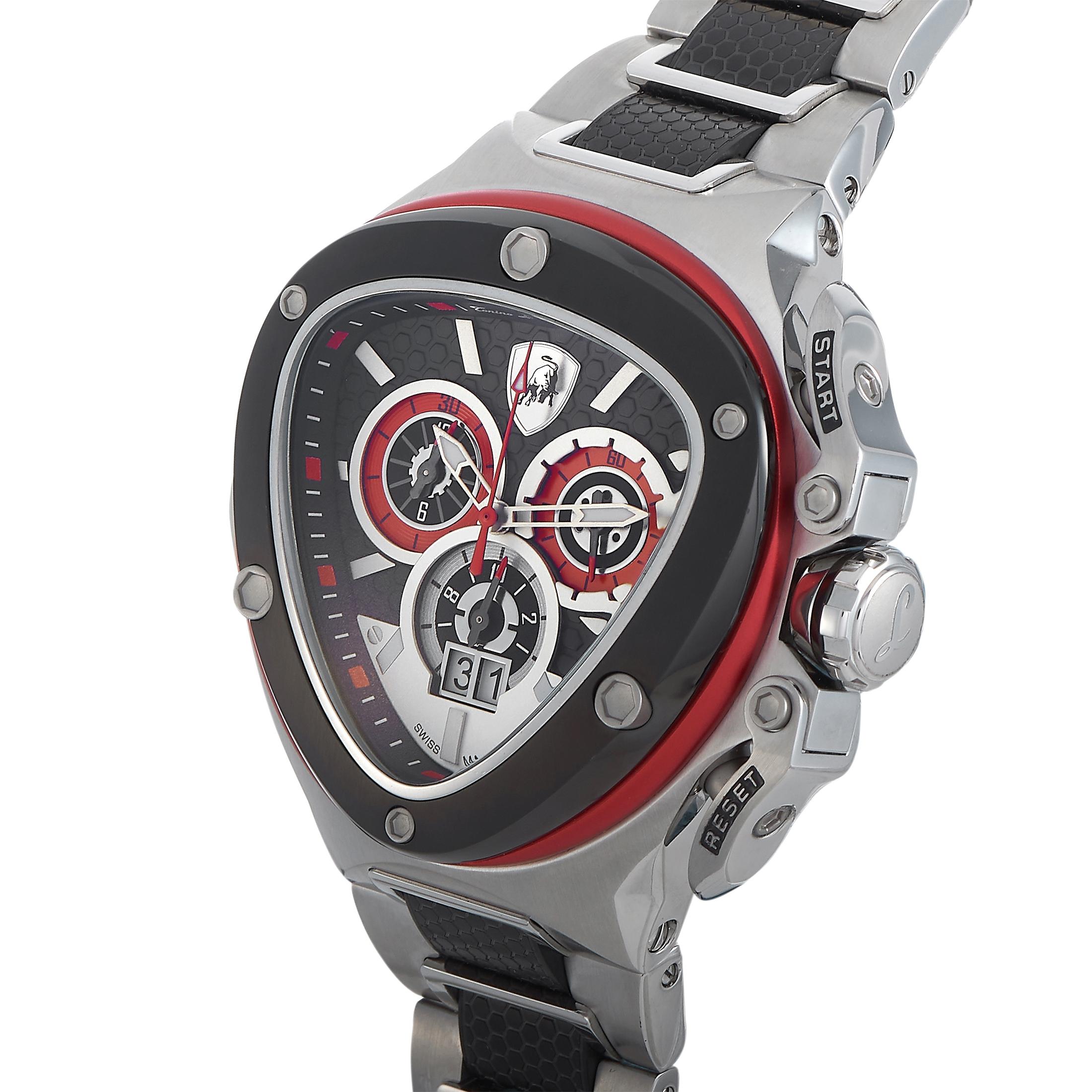 This is the Tonino Lamborghini Spyder Chronograph, reference number SW3101.
 
 The watch boasts a stainless steel case that is fitted with a bezel made out of black PVD-coated stainless steel and red aluminum. The case is water-resistant to 100