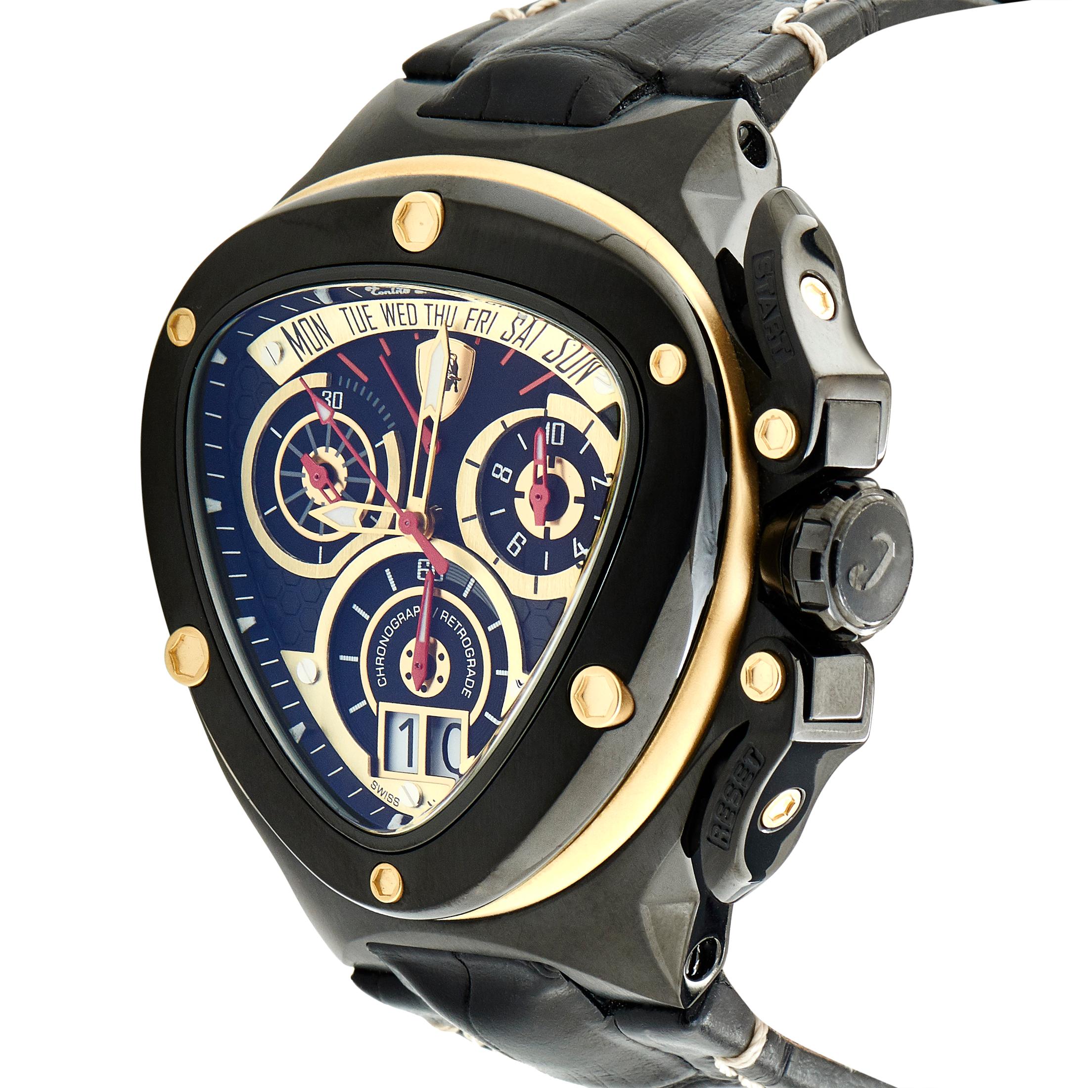 The minute you set eyes on this timepiece from Tonino Lamborghini you'll fall in love with it's sporty appeal. The case is made of PVD-treated stainless steel and features a black dial with three matching chronograph subdial. The dial displays the