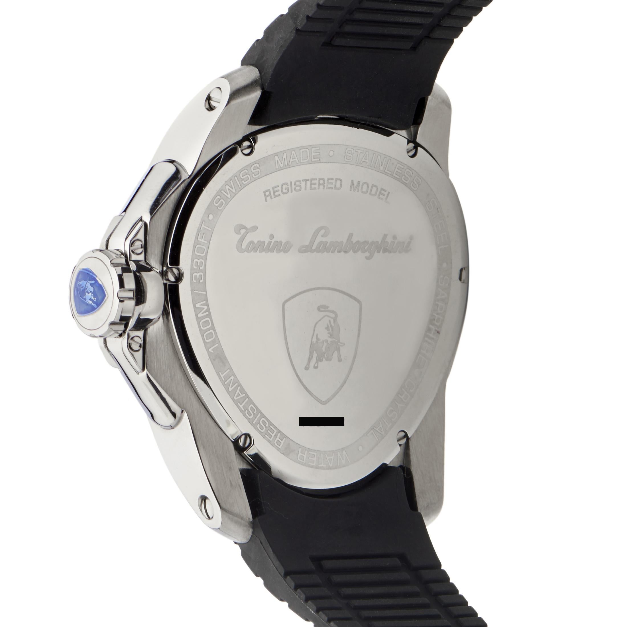 A design that exudes mechanical prowess and a fitting tribute to the amazing automotive achievements of the Lamborghini family, this striking timepiece from Tonino Lamborghini boasts recognizable design codes and decorative symbols which constitute