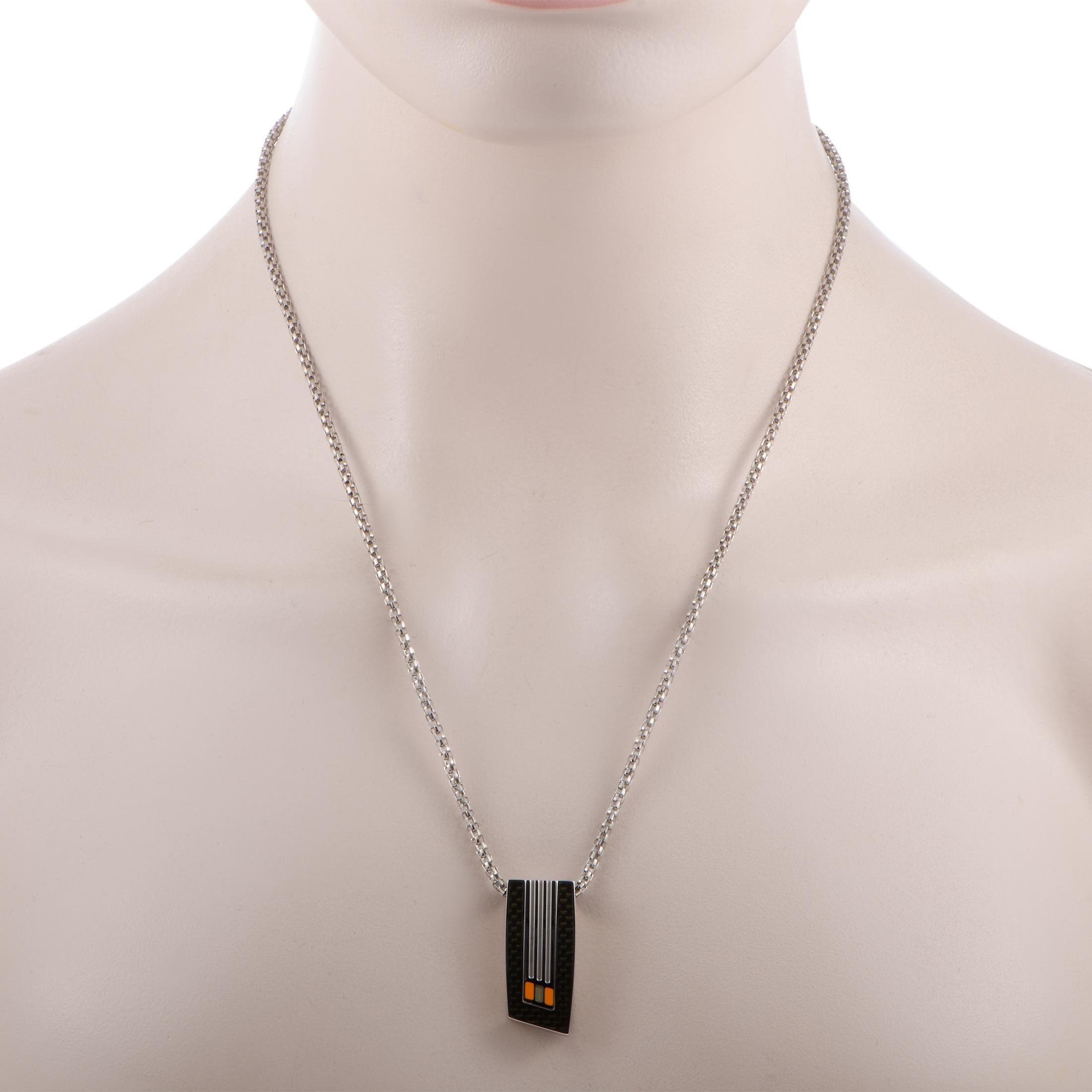 This Tonino Lamborghini necklace is crafted from stainless steel and weighs 23 grams. The necklace is presented with a 20” chain and a pendant that measures 1.25” in length and 0.50” in width.

Offered in brand new condition, this item includes the