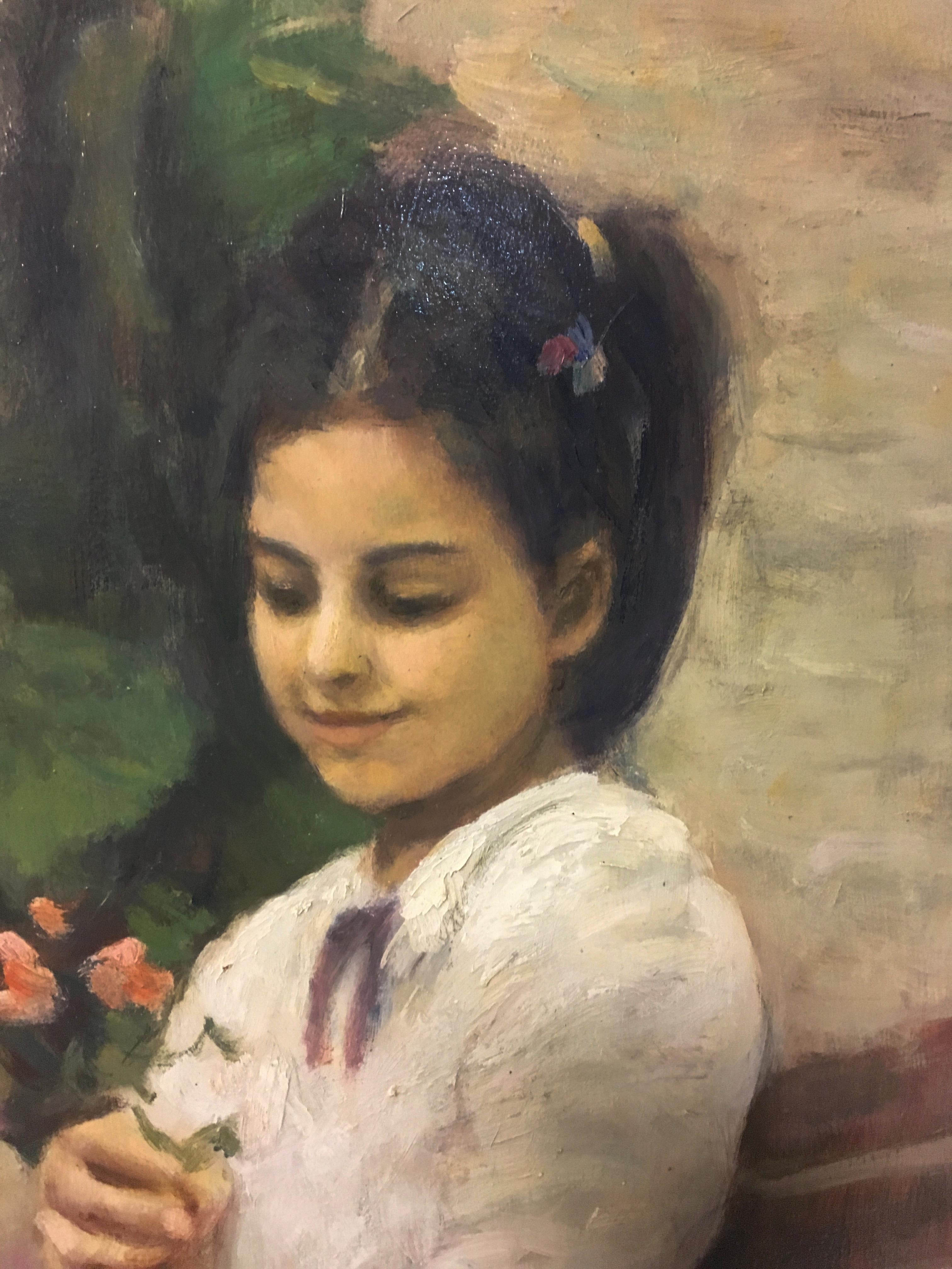 CHILD - Oil on canvas cm.70x50, Tonino Manna, Italy 2002
Frame available on request from our workshop.
in this wonderful painting we admire a girl in a white dress who takes care of the flowers on the terrace. The scene expresses a message of