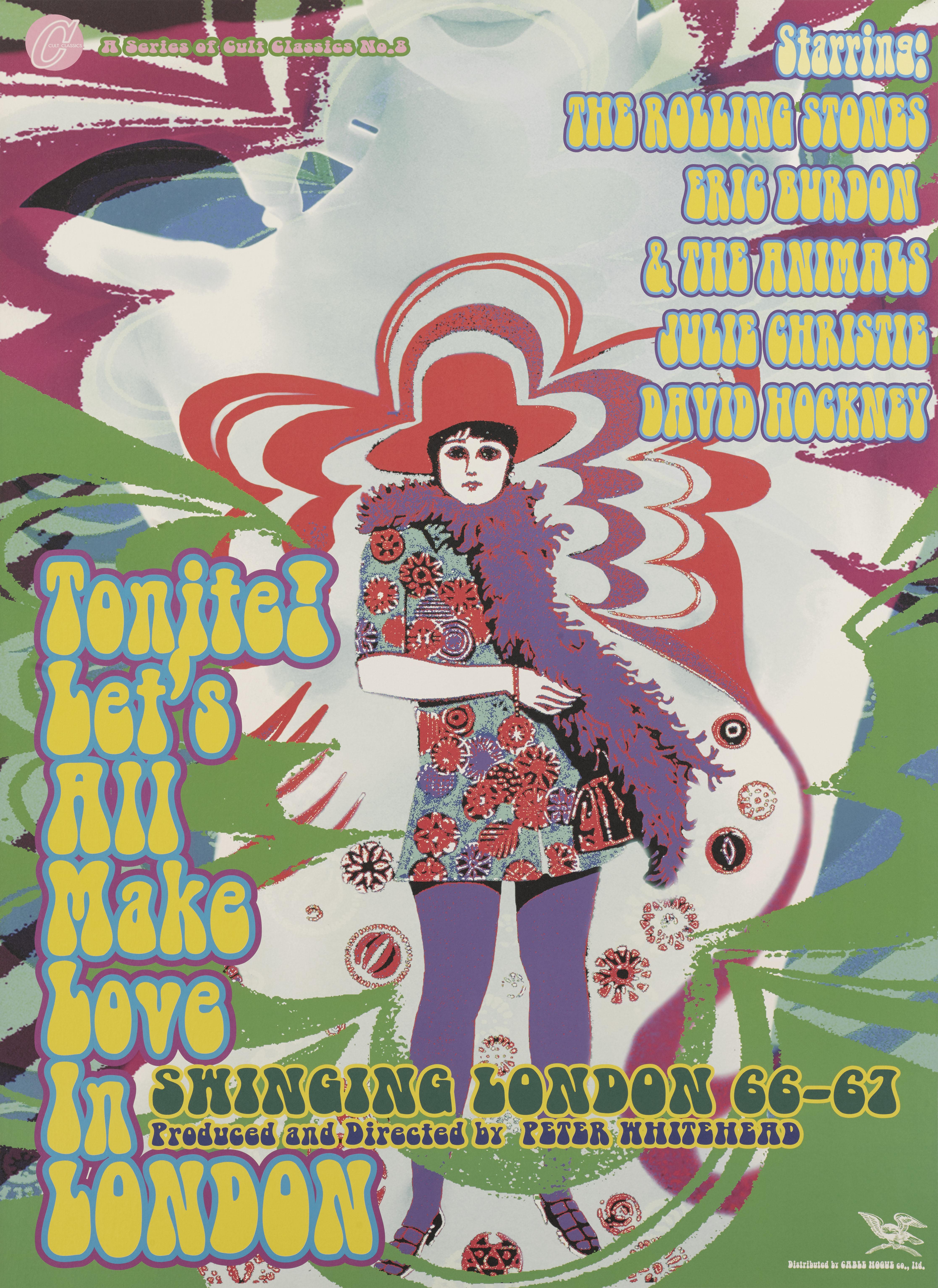 Originales japanisches Filmplakat für die britische Musikdokumentation Tonite Let's All Make Love in London von 1967. Regie bei diesem Film führte Peter Whitehead
mit Alan Aldridge, Julie Christie und David Hockney in den Hauptrollen.

Dieses coole