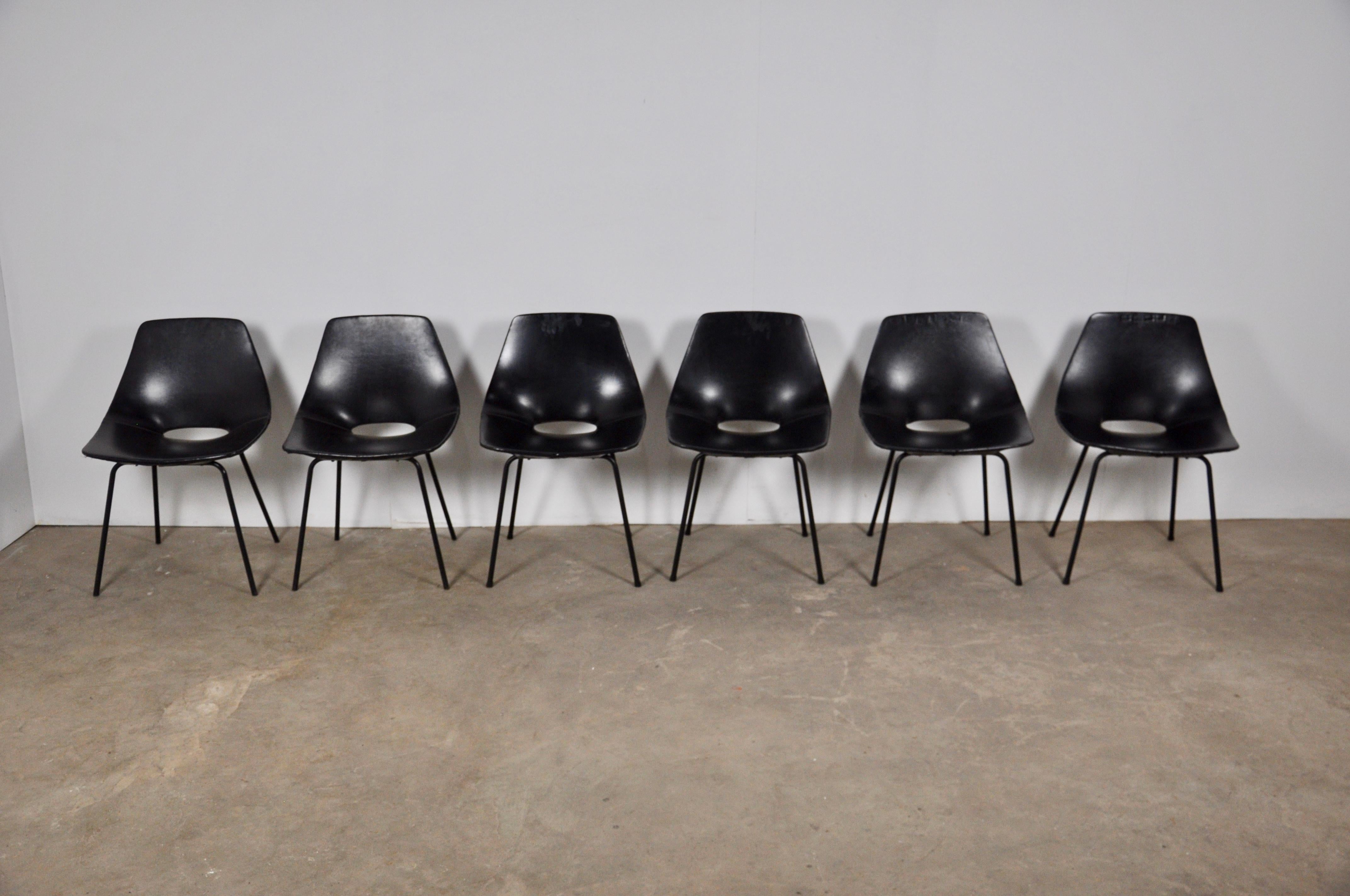 Mid-Century Modern Tonneau Chairs by Pierre Guariche for Steiner, 1950s Set of 6