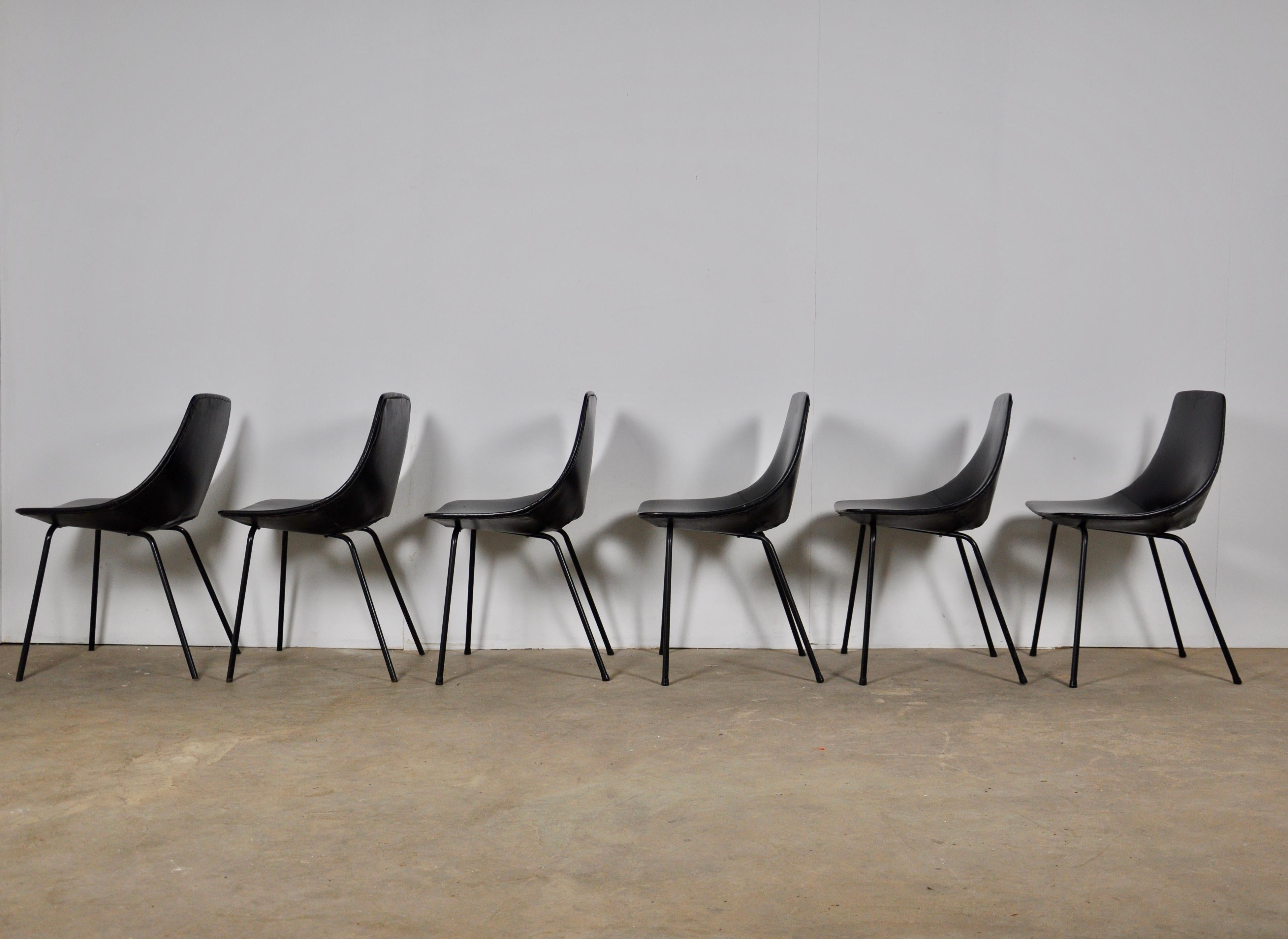 Mid-20th Century Tonneau Chairs by Pierre Guariche for Steiner, 1950s Set of 6