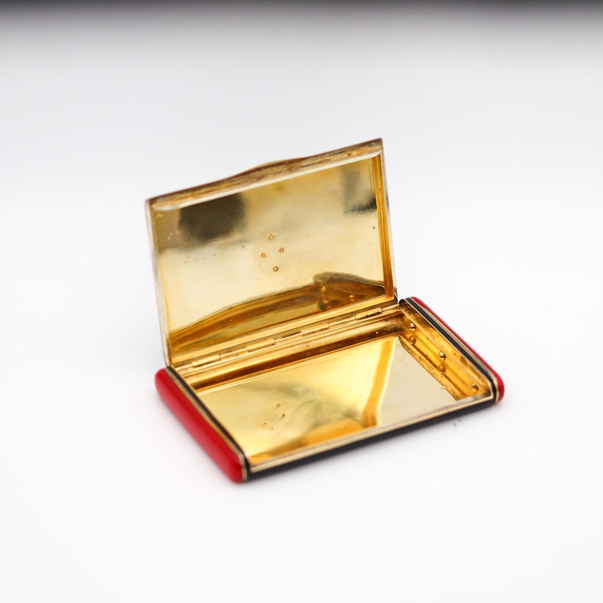 Émaillé Boîte Art déco Paris 1928 en or 14 carats avec laque rouge et noire et diamants
